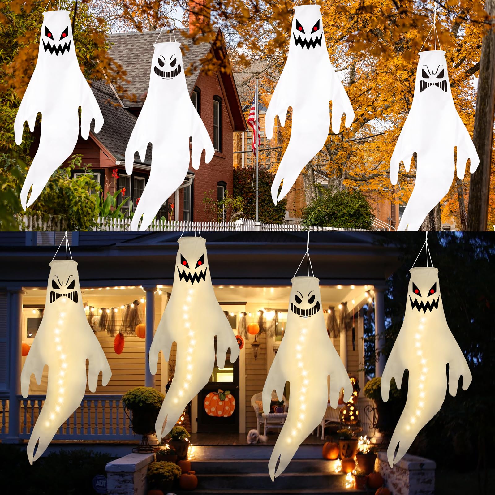 Geefuun 4PCS Warm Light Halloween Fierce Ghost Windsocks Hanging Decorations - 43 Inch Flag Wind Socks for Home Yard Outdoor Dec