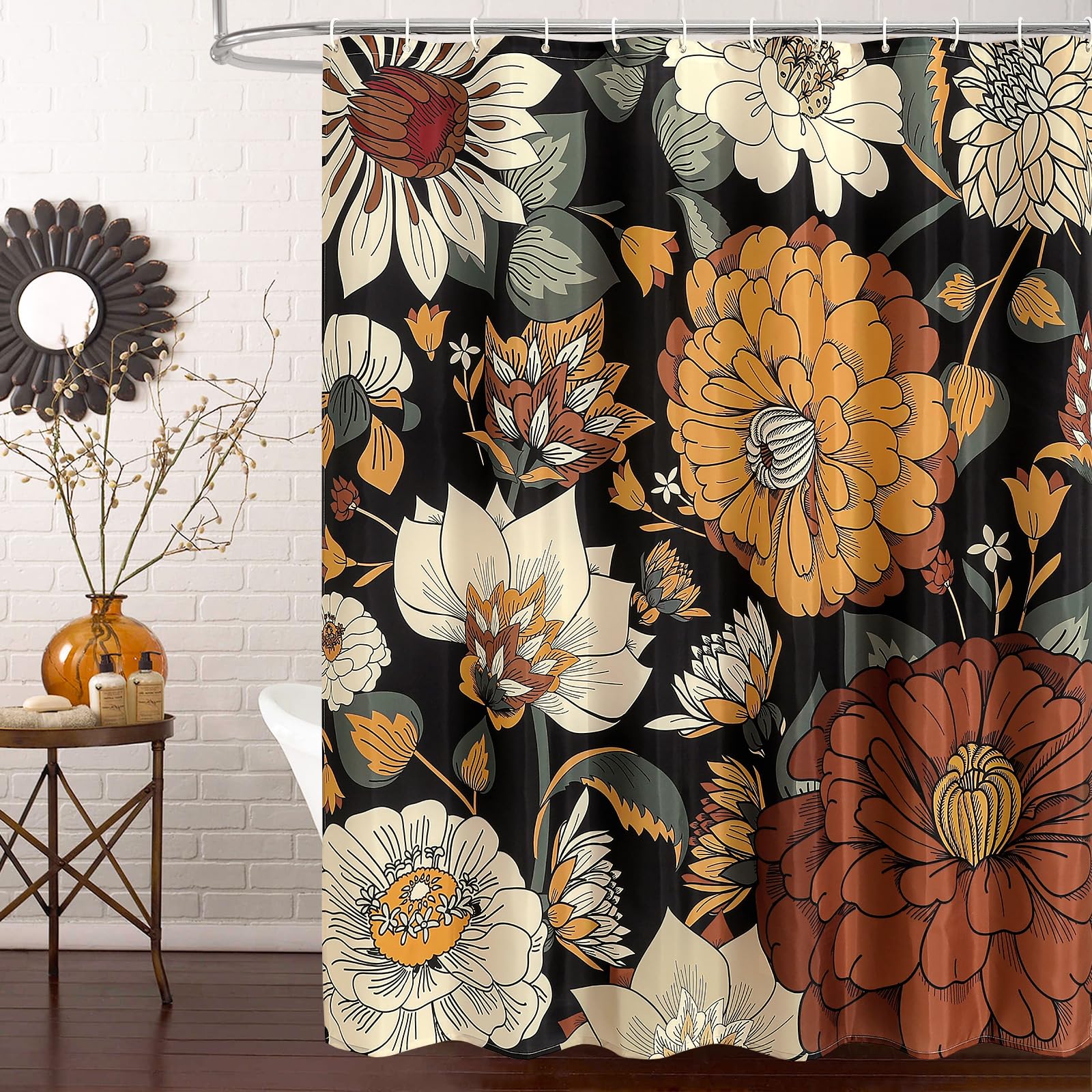 Mitovilla Boho Floral Shower Curtain, Tropical Leaves Fabric Cloth Shower Curtains For Chic Morden Bathroom Decor, Mid-Century A
