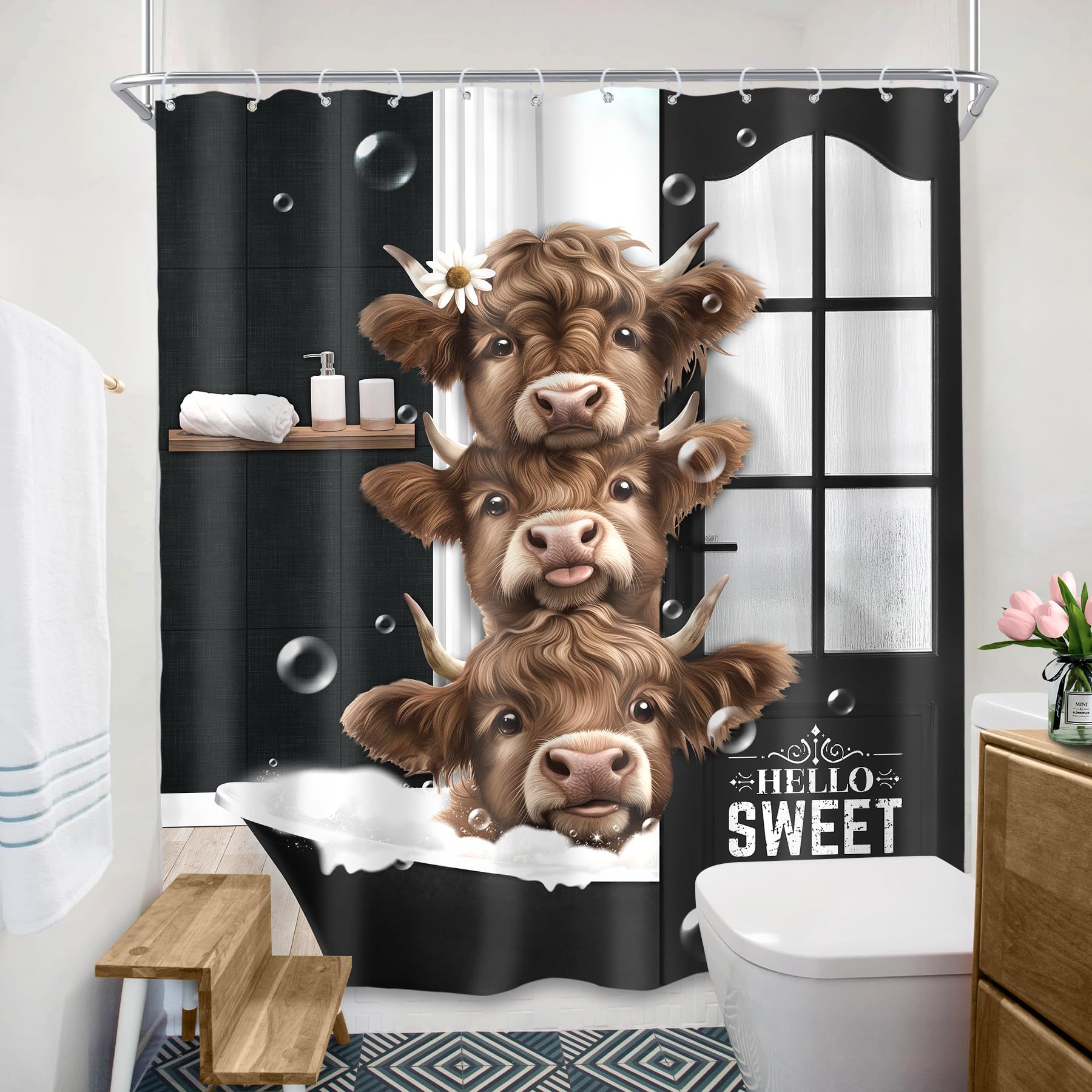 Svbright Funny Highland Cow Shower Curtain 60Wx72L Inch Western Kids Bull Calf Farmhouse Cute Animal Country Black Barn Cattle 1