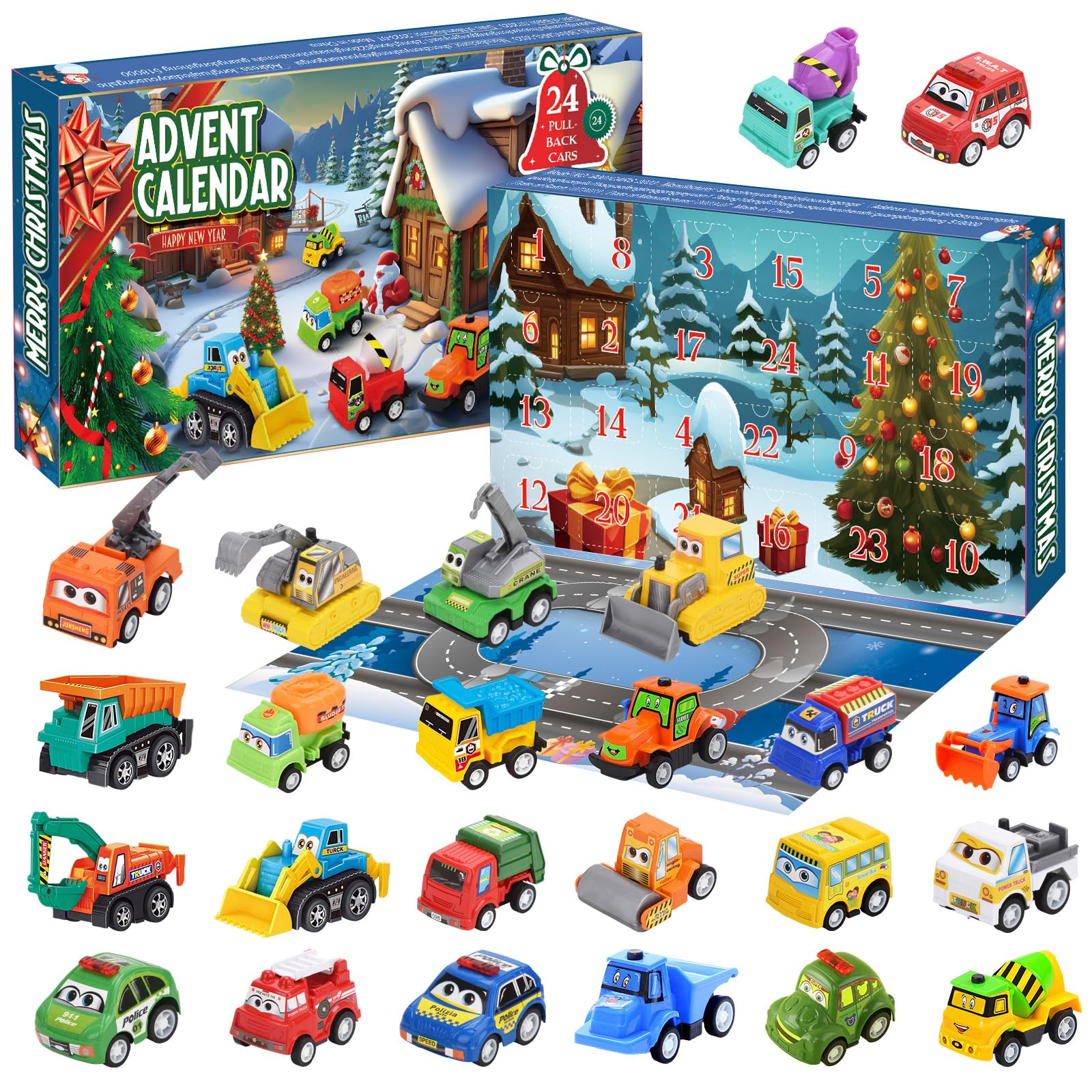 Advent Calendar 2024 for Kids Boys, 24 Days Christmas Countdown Calendar with Cute Pull-Back Cars Vehicles, Holiday Gift Christm