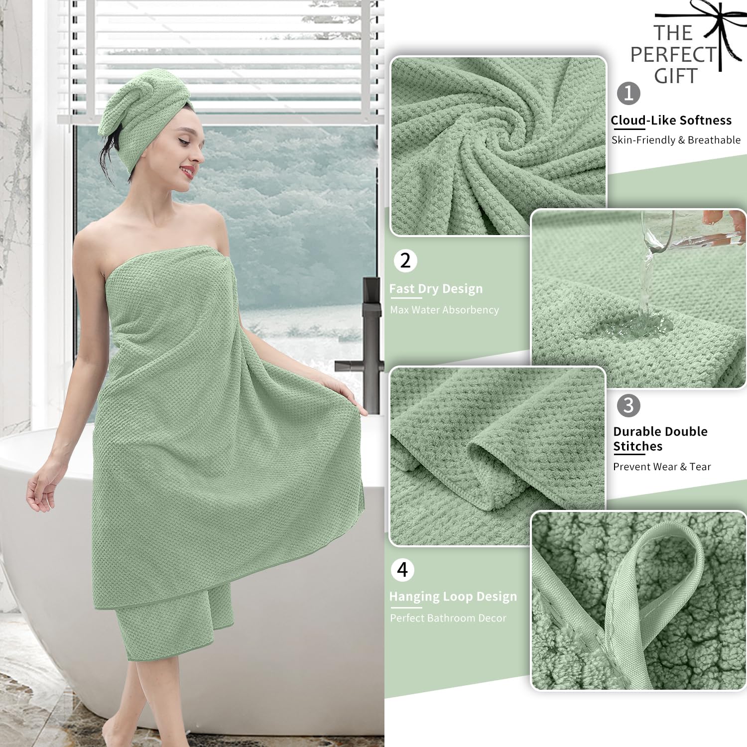 Bathroom Towel Set Green 4 Pack-35x70 Towel 600GSM Ultra Soft Microfibers Bath Towel Set Extra Large Plush Bath Sheet Towel Highly Absorbent Quick Dry Oversized Towels Spa Hotel Luxury Shower Towels