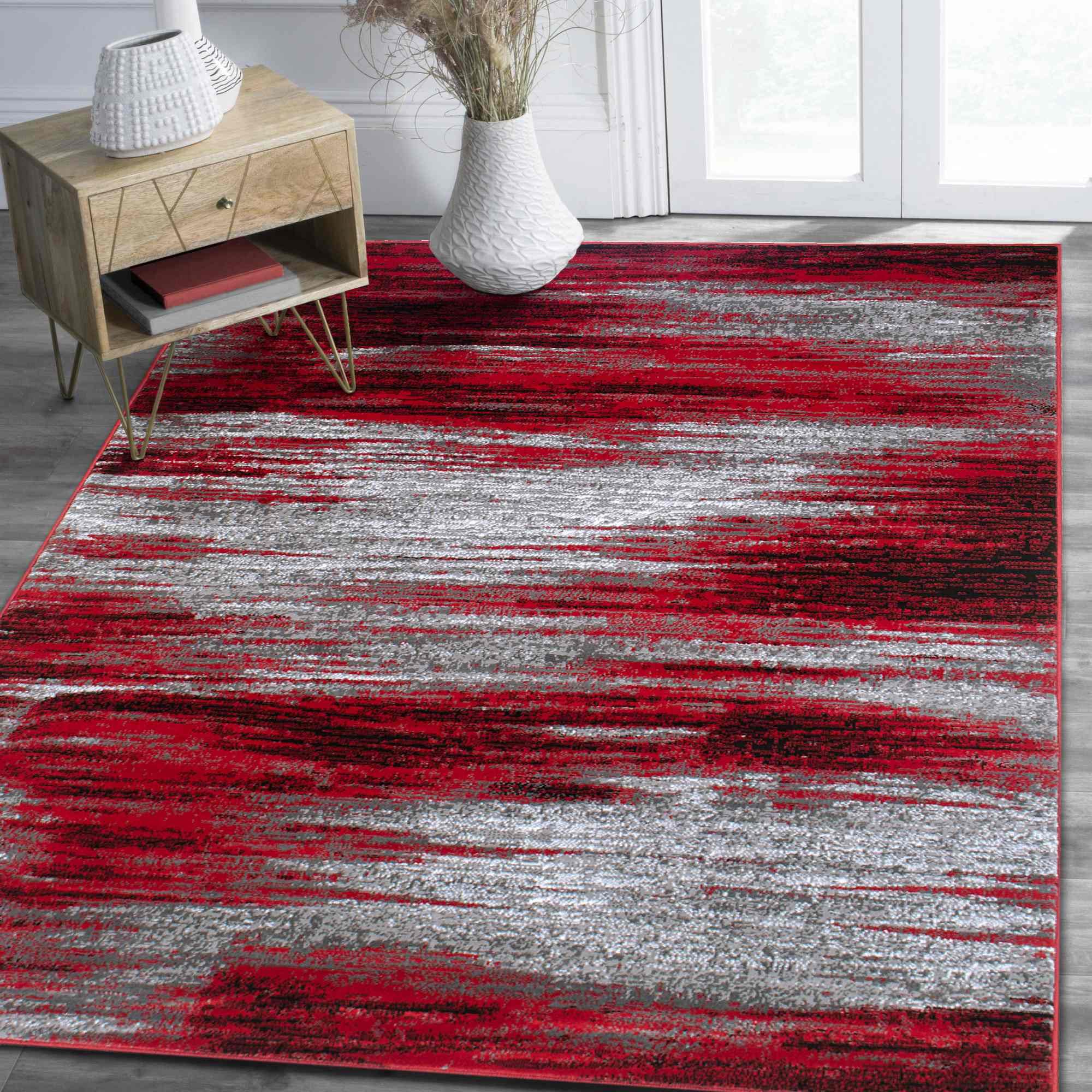 HR - Red/Grey/Silver/Black/Abstract Contemporary Modern Design Brushed Colors Area Rug (78 X10)