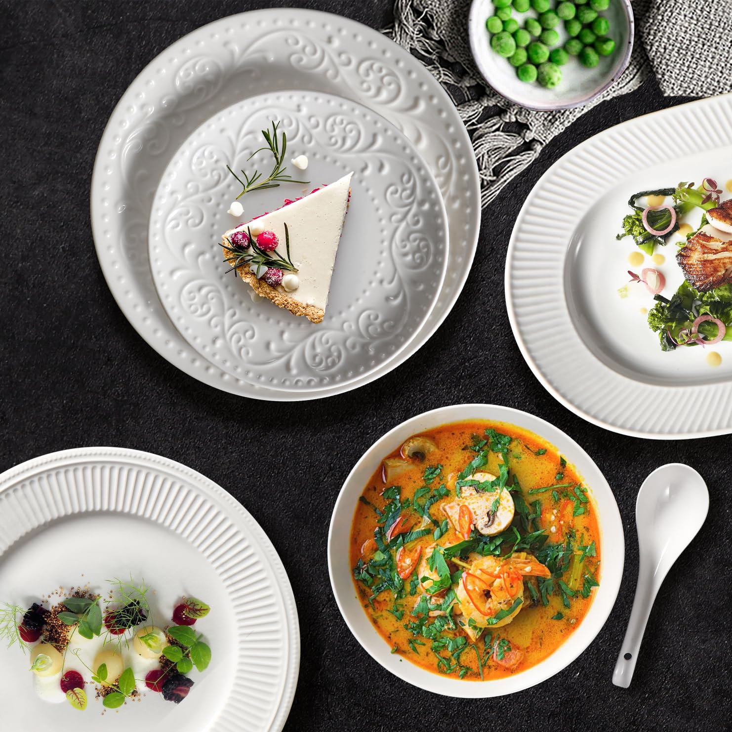 Artena Ceramic Dinner Plates Set Of 4, 10.75 Inch Embossed White Kitchen Plates For Salad, Dessert, Appetizer, Steak, Serving Di