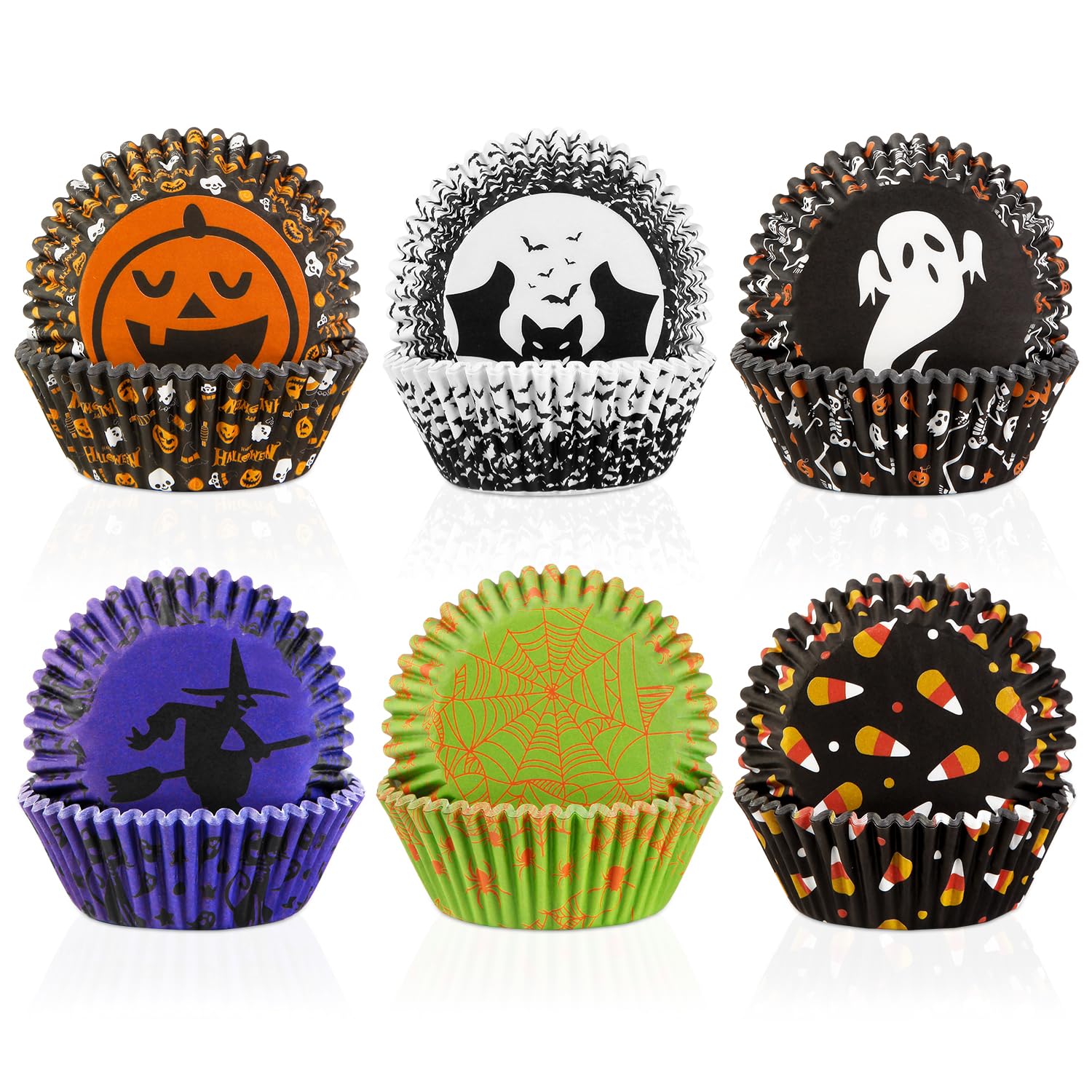 Quera 600 Pcs Halloween Cupcake Liners Pumpkin Bat Ghost Witch Candy Corn Baking Cups Black Orange Purple Cupcake Wrappers Muffi