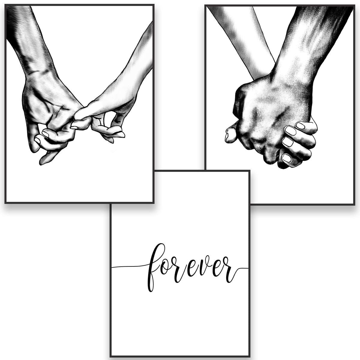 Hands Forever Framed Canvas Wall Art For Bedroom Ready To Hang 12''X16'' X3 Panels, Black Frame Prints For Couples Love Drawing
