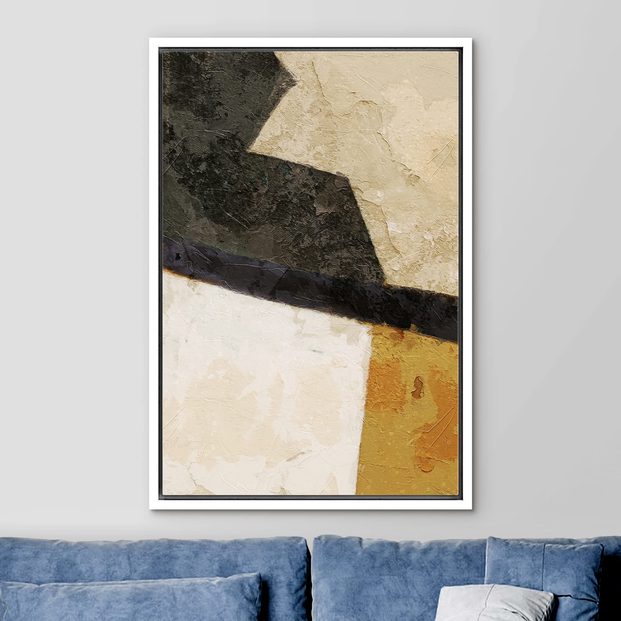 Ashbrook Framed Canvas Print Wall Art Black, Yellow And Tan Geometric Polygon Collage Abstract Shapes Illustrations Modern Conte