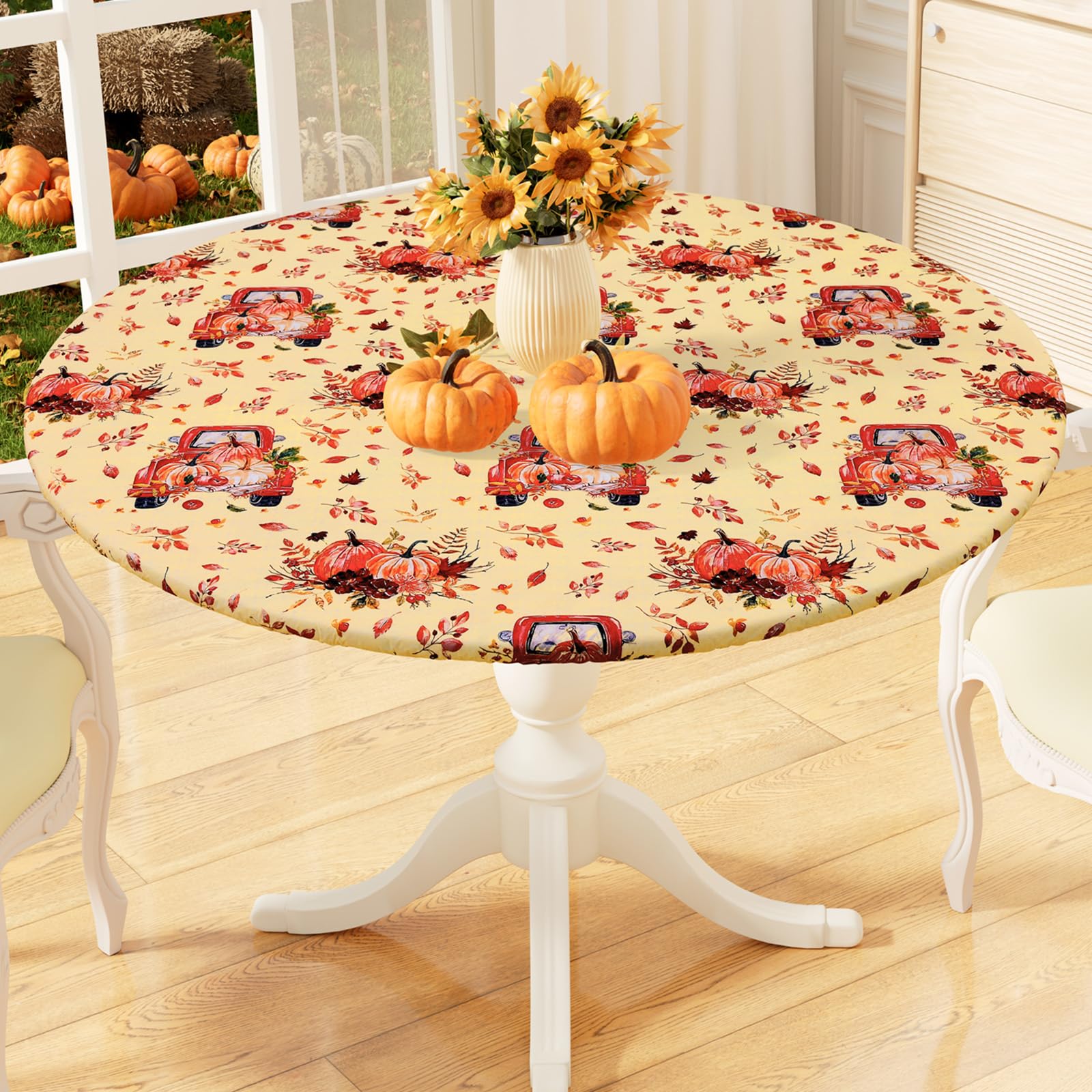 misaya Round Fitted Tablecloth with Elastic Edge, Waterproof Oil Proof Plastic Table Cover, Vinyl Flannel Backed Tablecloth Fits
