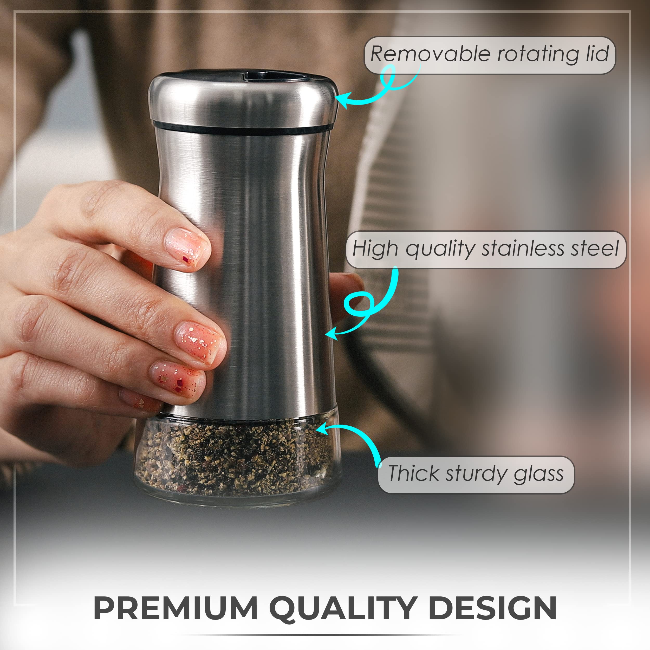 Pepper Shaker Or Salt Shaker With Adjustable Pour Holes - Elegant Stainless Steel Spice Dispenser - Perfect For Himalayan, Table