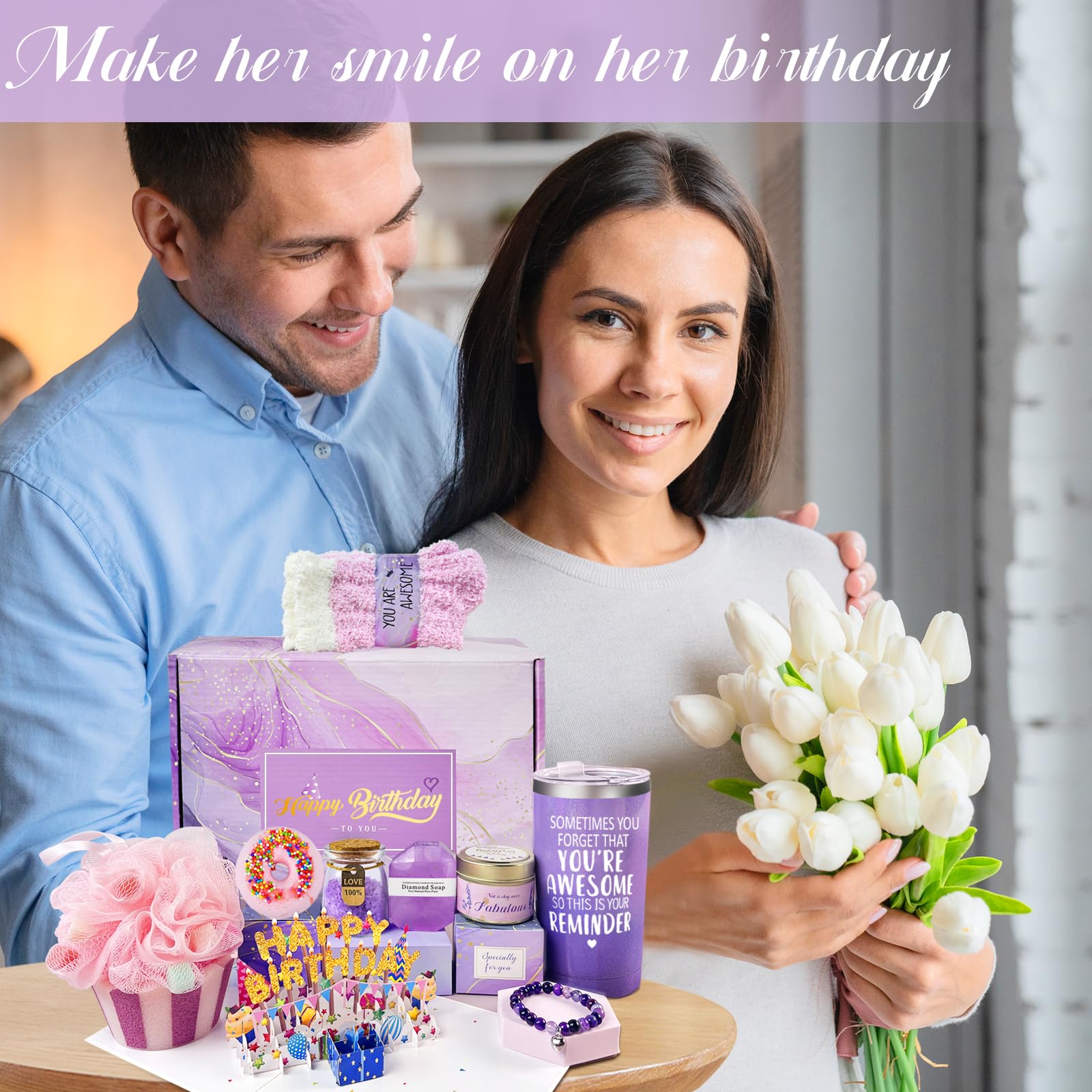 Birthday Gifts for Women, Happy Birthday Relaxing Spa Gifts Basket for Women, Purple Gift Box Set for Mom Sister Female Friends