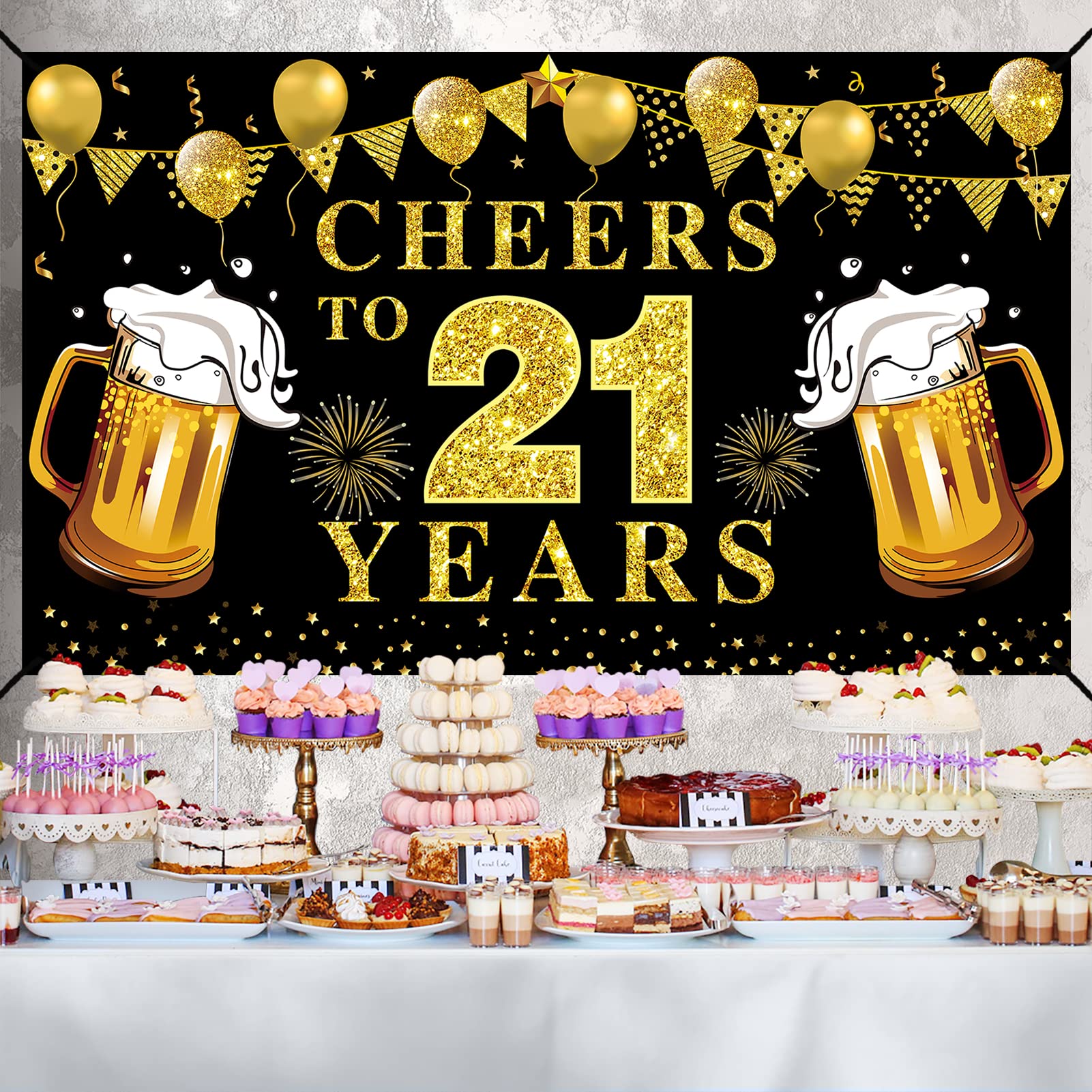 Lnlofen Happy 21St Birthday Banner Decorations, Black Gold Cheers To 21 Years Backdrop Party Supplies, 21St Anniversary Photo Bo