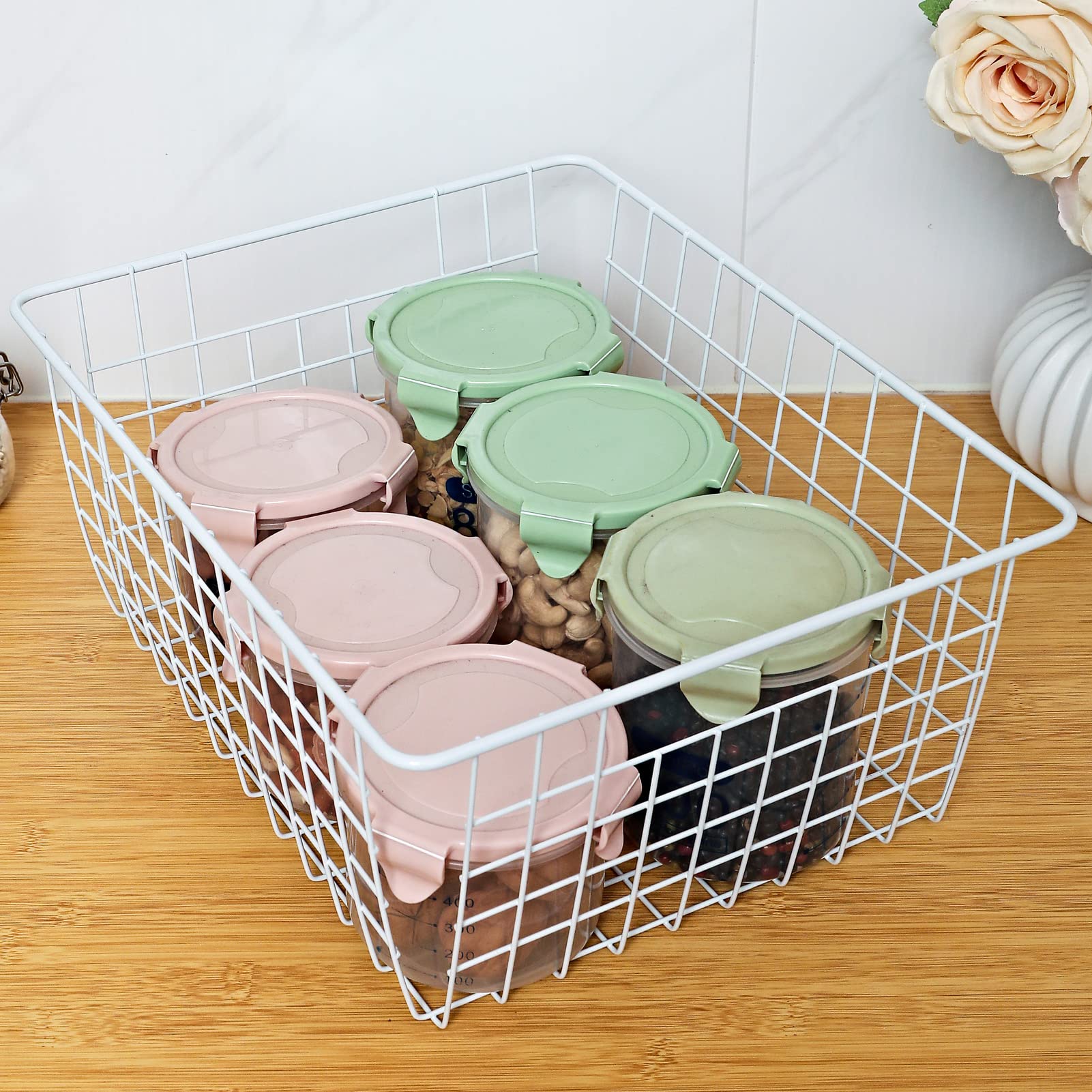 14'' Upright Freezer Storage Baskets, White Wire Storage Bins Large Bakset For Freezer, Pantry, Bathroom Organizing, Set Of 4