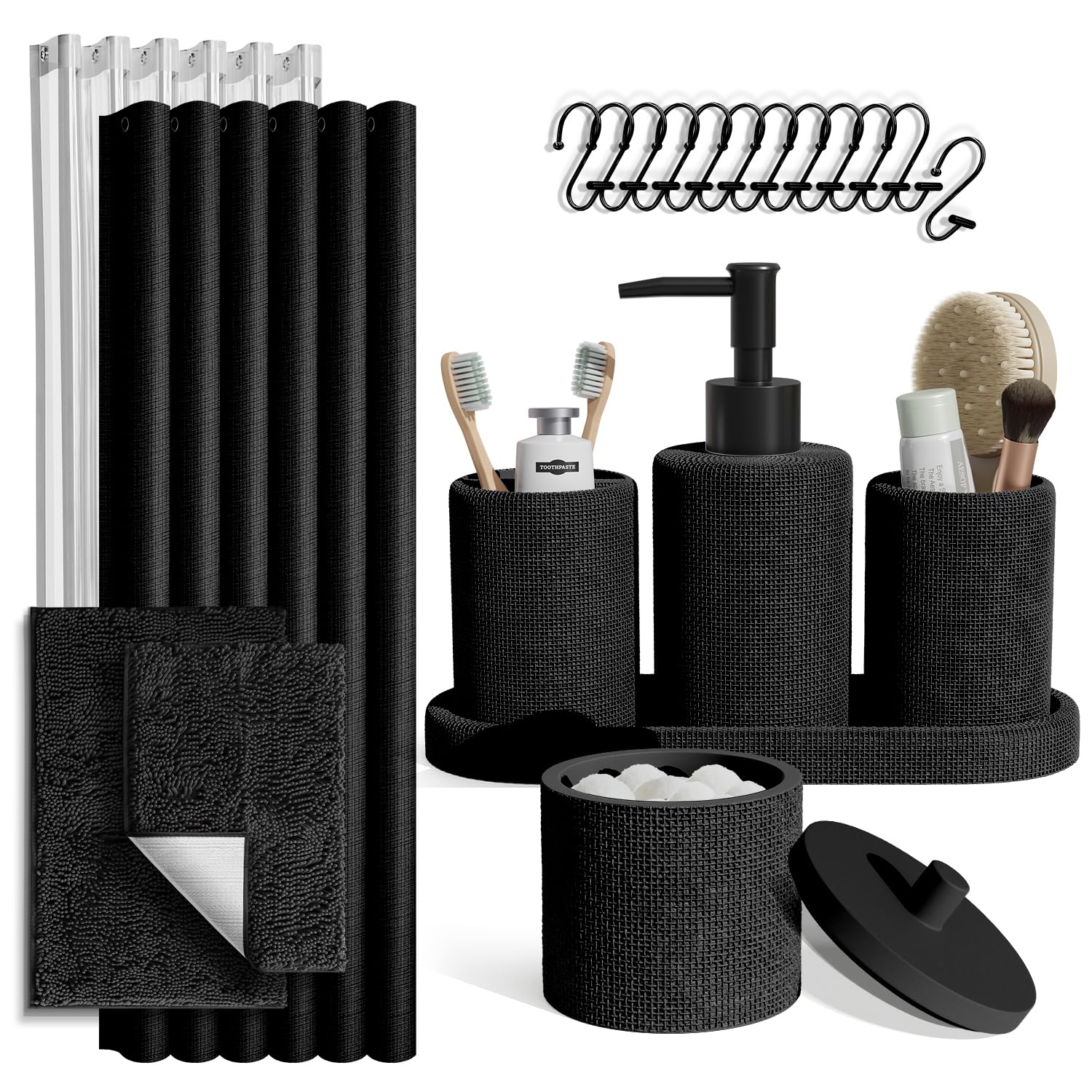 Clara Clark Black Bathroom Set - Bathroom Sets with Shower Curtain and Rugs, 21PC Bathroom Accessory Set, Shower Curtain Set wit
