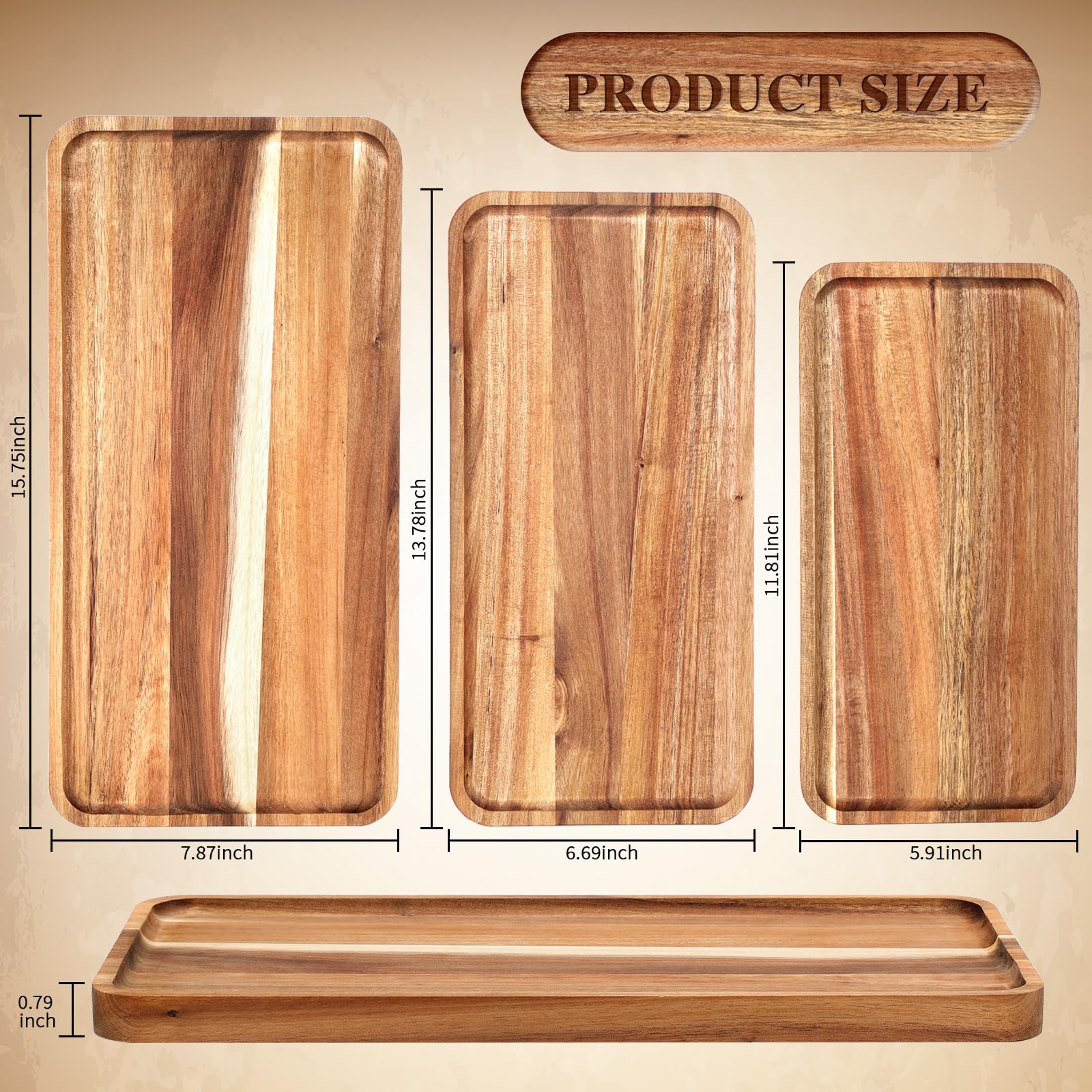 Leinuosen 3 Set Acacia Wooden Serving Platter Solid Wood Serving Trays Rectangular Charcuterie Boards Steak Wooden Plates For En