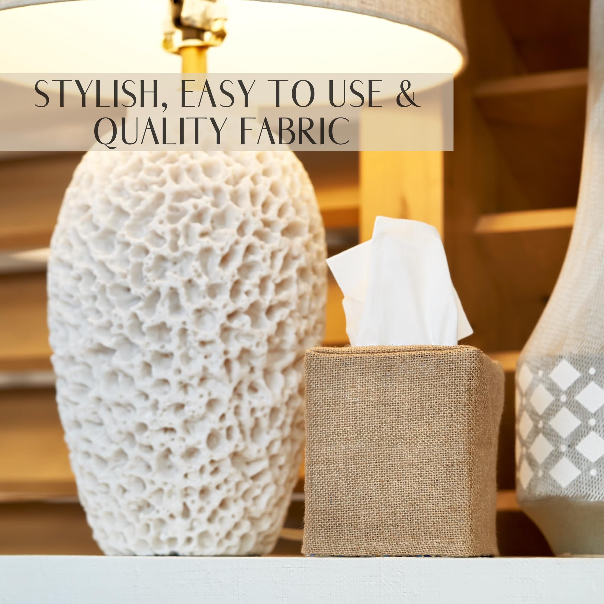 KIBAGA Stylish Burlap Tissue Box Cover - 4.6"x4.6"x5.1" Light Brown Holder for Bathroom and Home Decor