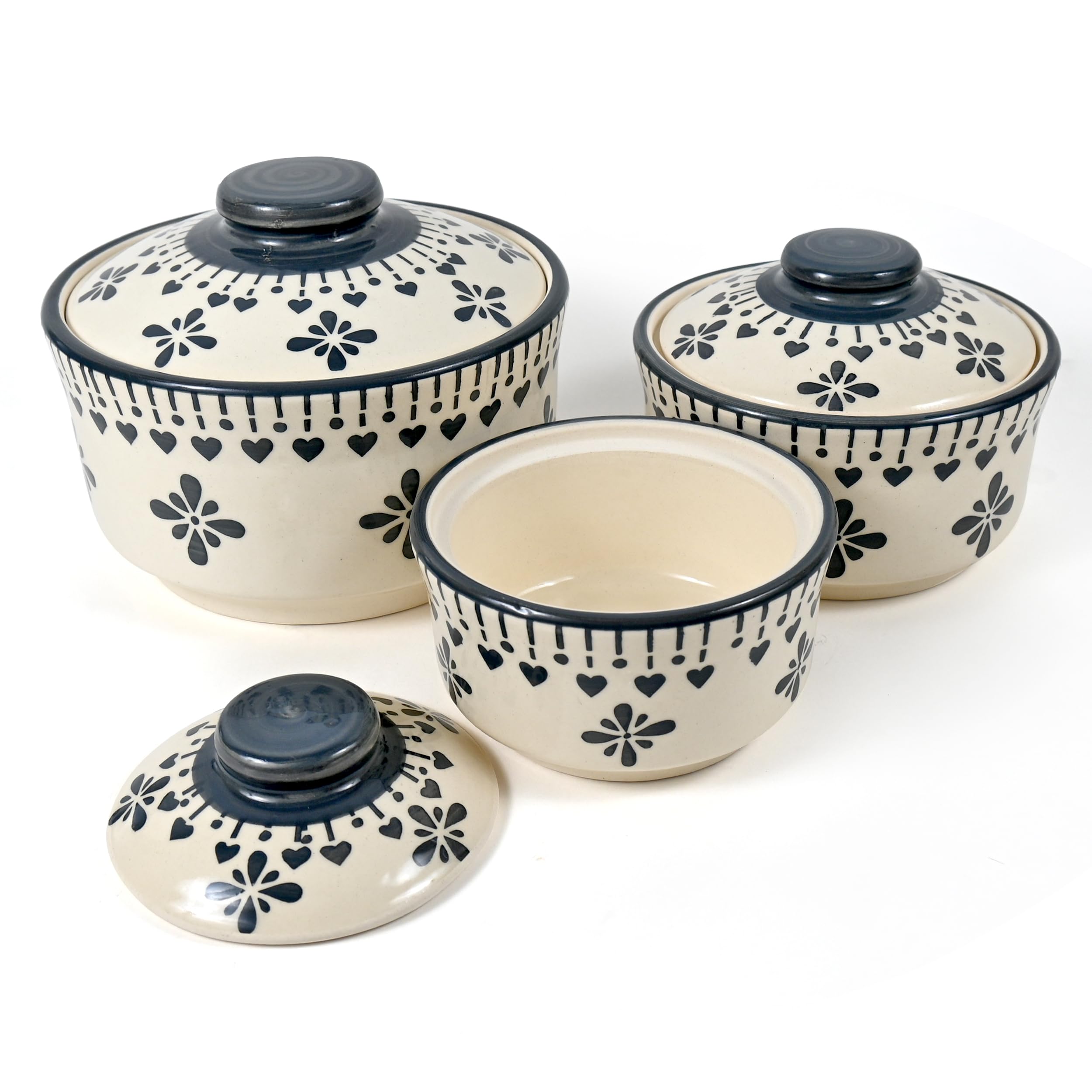 Shadowgreen- Ceramic Serving Donga Set With Lid - Gravy Donga Set - Dinner Bowl With Lid - (Set Of 3-750Ml 500Ml 250Ml) (Grey Jh