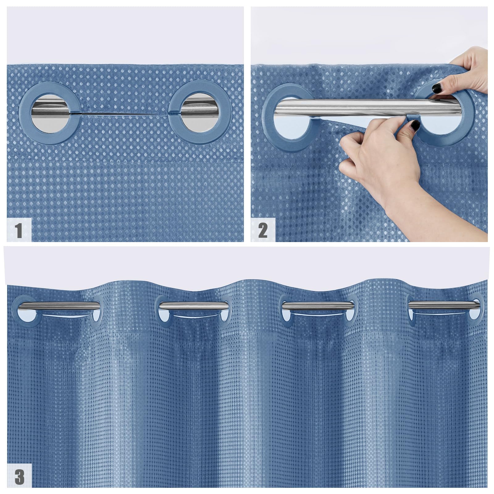 Mitovilla Blue Long Shower Curtain 72 X 80, No Hooks Needed 80 Inch Long Heavyweight Waffle Fabric Shower Curtain Set With Snap-