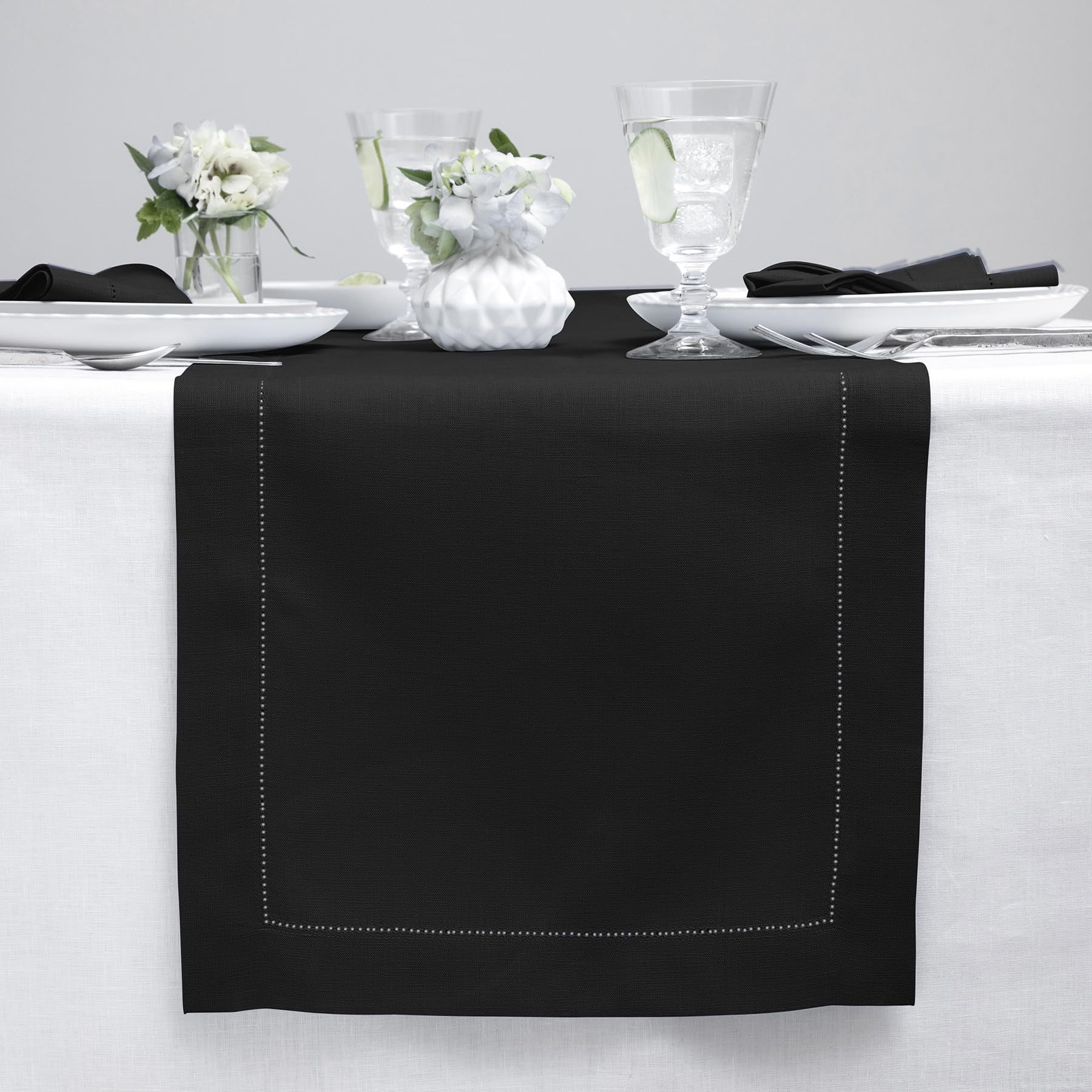 Solino Home Linen Black Table Runner 108 Inches Long - 100% Pure Linen Classic Hemstitch Dining Table Runner 14 X 108 Inch Ideal