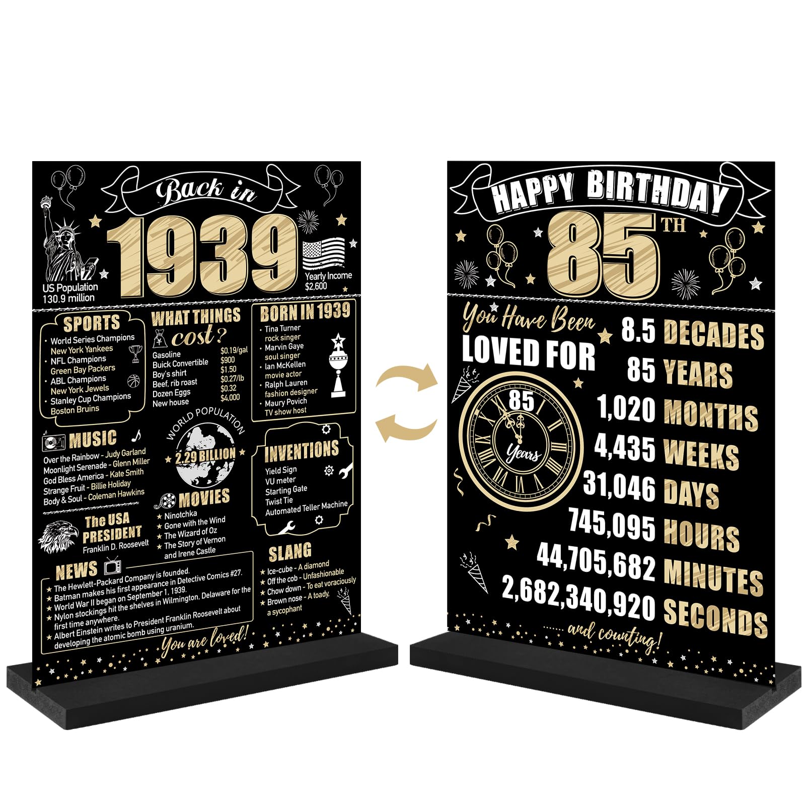 85Th Birthday Decorations Back In 1939 Table Sign For Men Women, Black Gold Happy 85 Bday Two-Sided Wooden Table Poster With Sta