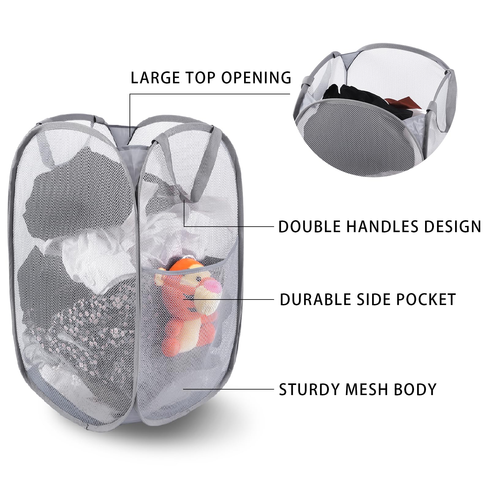 Kimmama Large Collapsible Mesh Laundry Basket,Foldable Pop Up Laundry Hamper With Side Pocket,Removable Clothes Storage Bin With