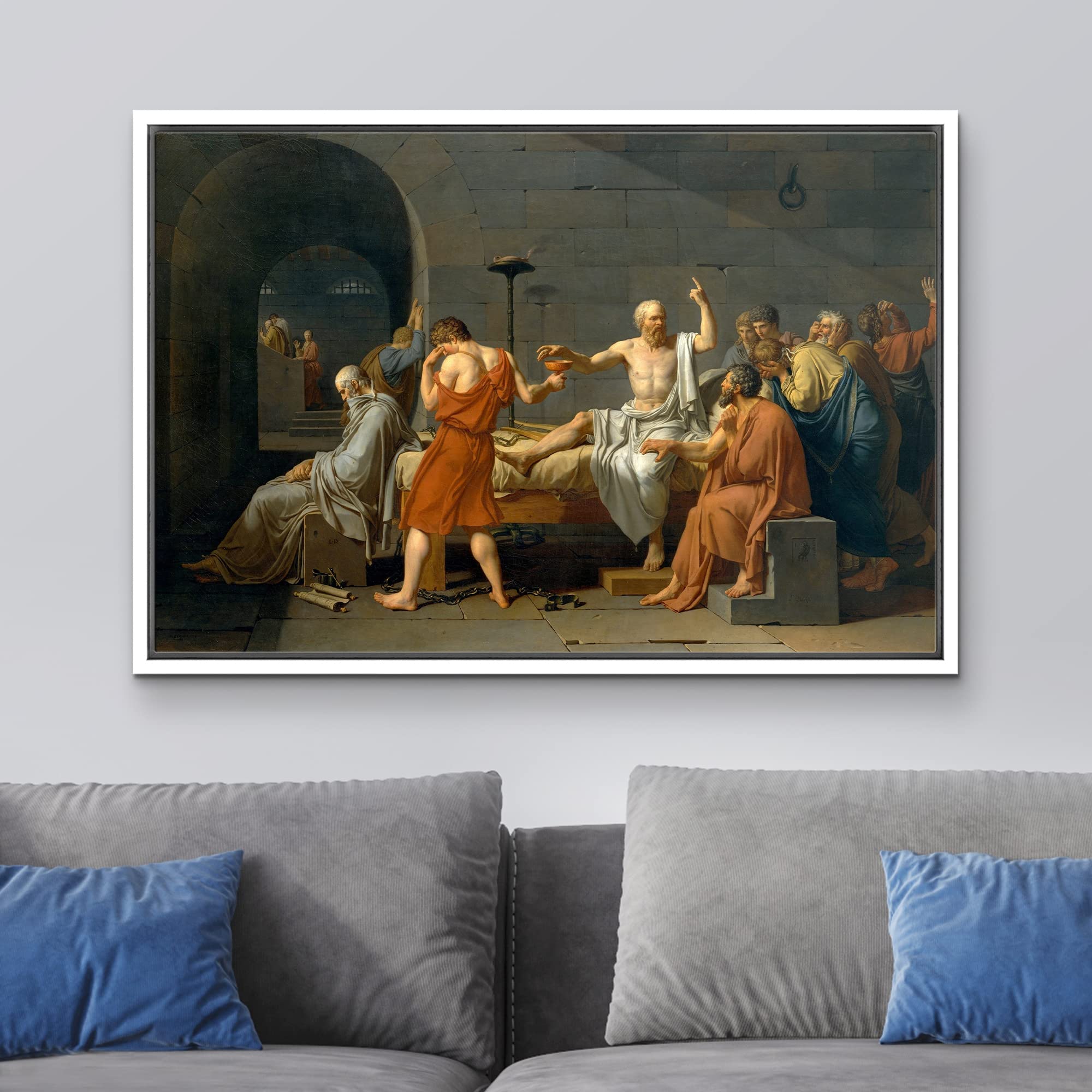 Wall26 - The Death Of Socrates By Jacques-Louis David - Framed Canvas Print Wall Art Famous Painting Reproduction - 24''X36'' Wh