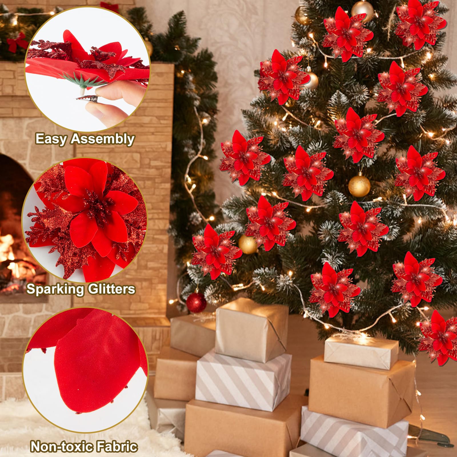 Cliselda 30Pcs Red Poinsettias Artificial Christmas Flowers with Clips, 5.5 Glitter Artificial Flower Poinsettia Decorations Chr