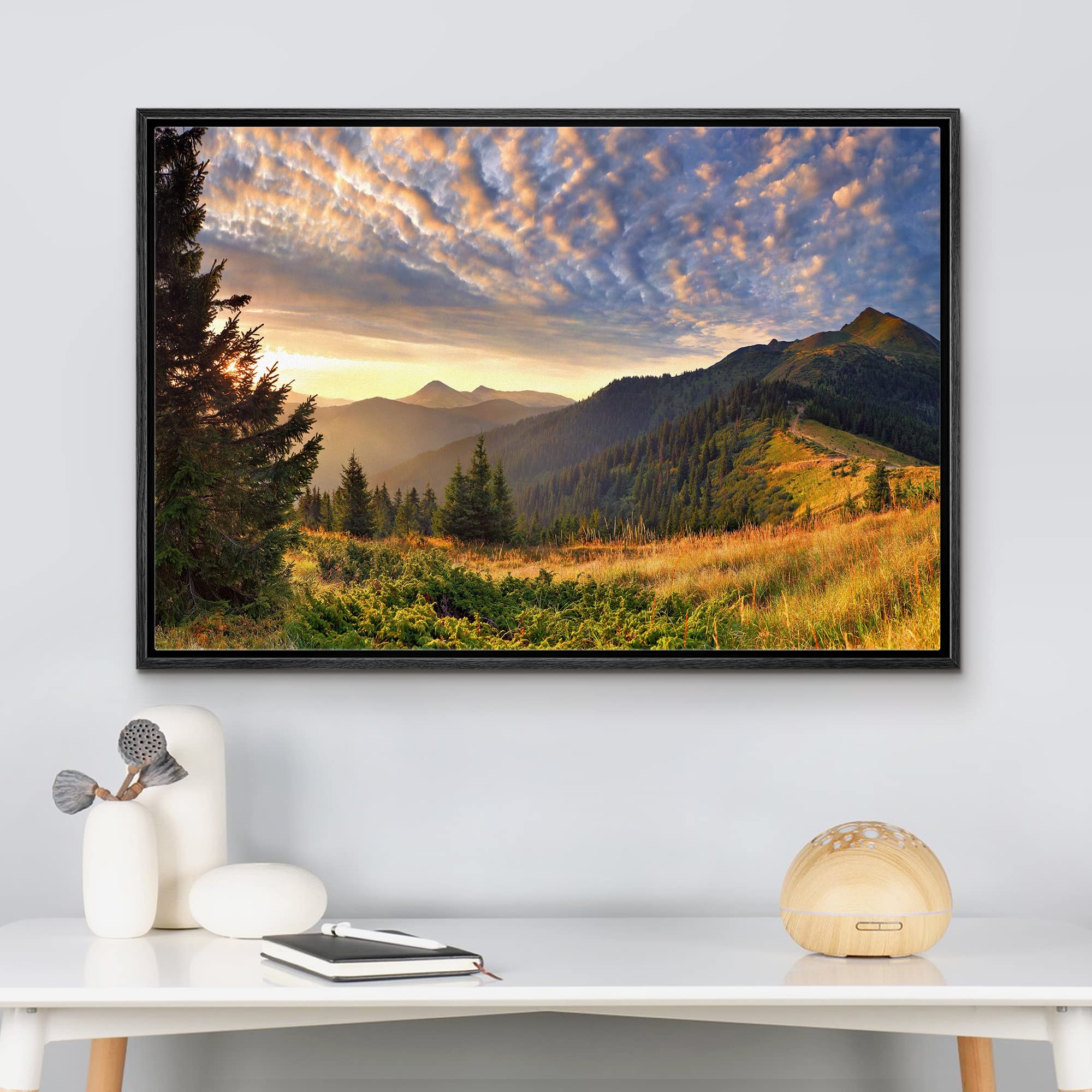 wall26 Framed Canvas Print Wall Art Sunset Over The Golden Mountain Forest Landscape Nature Wilderness Photography Realism Scenic Green Ultra for Living Room  Bedroom  Office - 16''x24'' Black