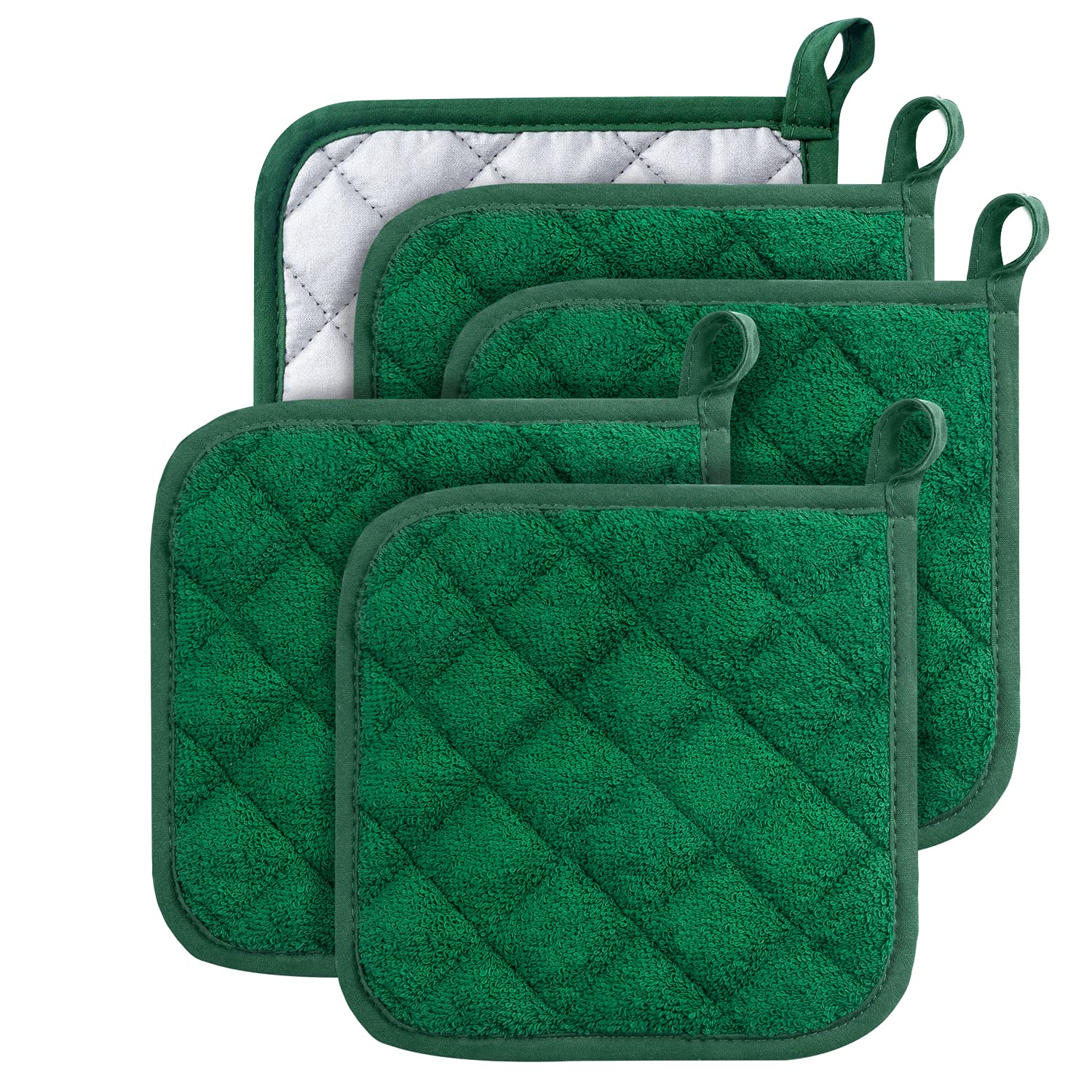 100% Cotton Kitchen Everyday Basic Terry Pot Holder Heat Resistant Coaster Potholder for Cooking and Baking Set of 5 Dark Green