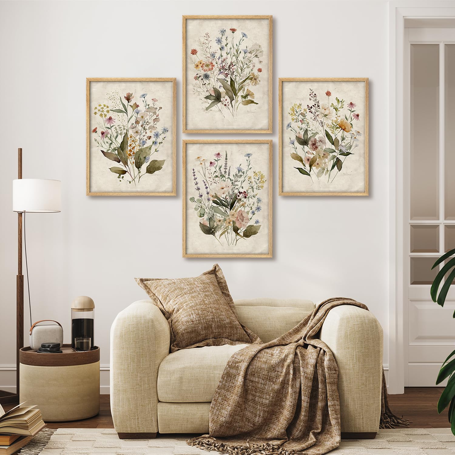 Signwin Framed Set Vintage Wildflower Bouquet Antique Botanical Illustrations Modern Art Decorative Scenic Multicolor Nature Wil
