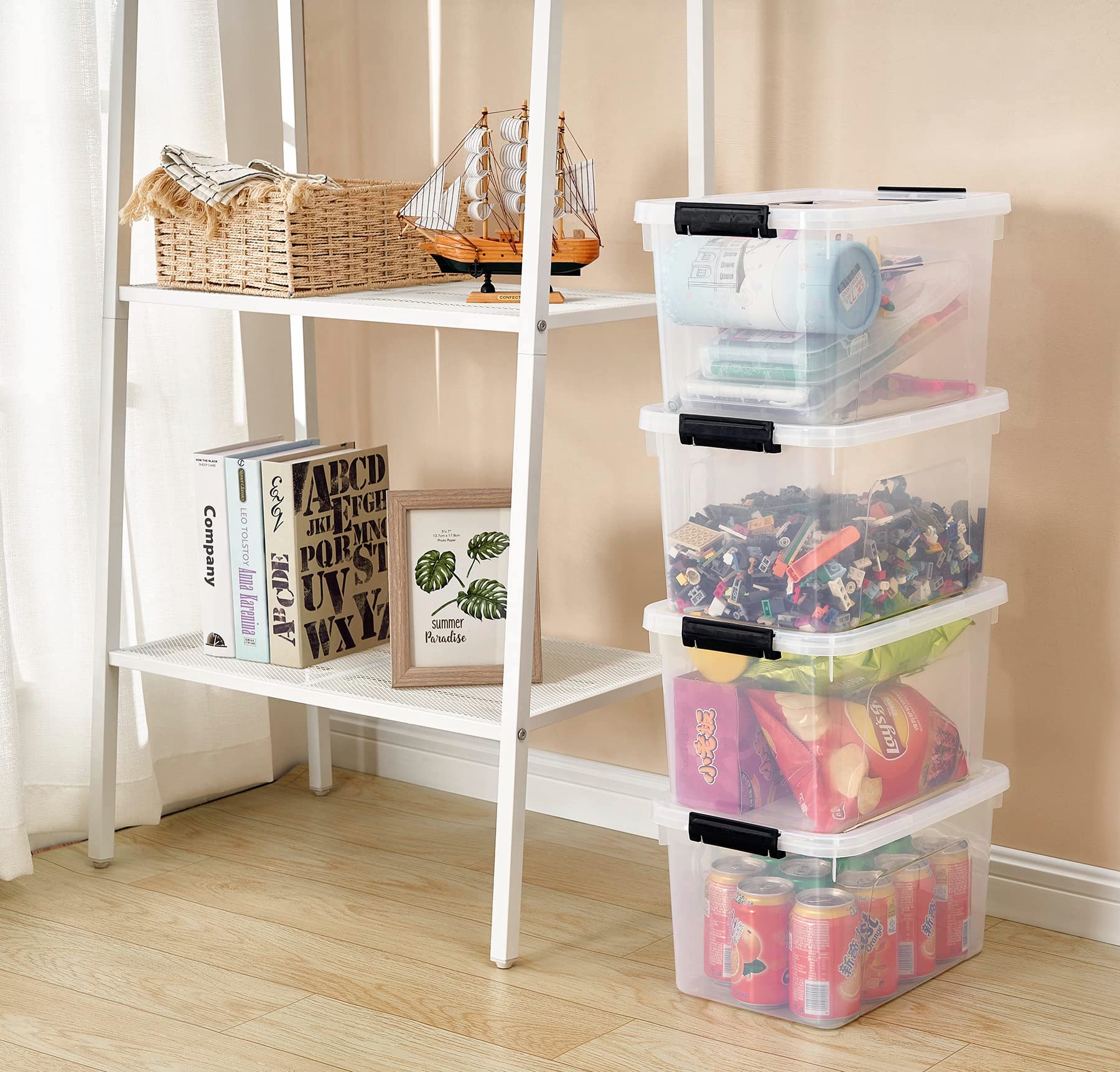 JUJIAJIA Clear Storage Latch Box 12 Quart  Plastic Organizing Box/Bin with Lid and Black Handles  6-Pack