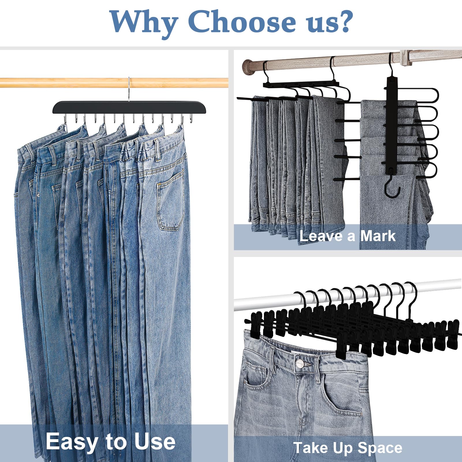 KAQUBE Wood Jean Hangers, 180° Rotating Hooks, Space Saving, 2 Pack, Black