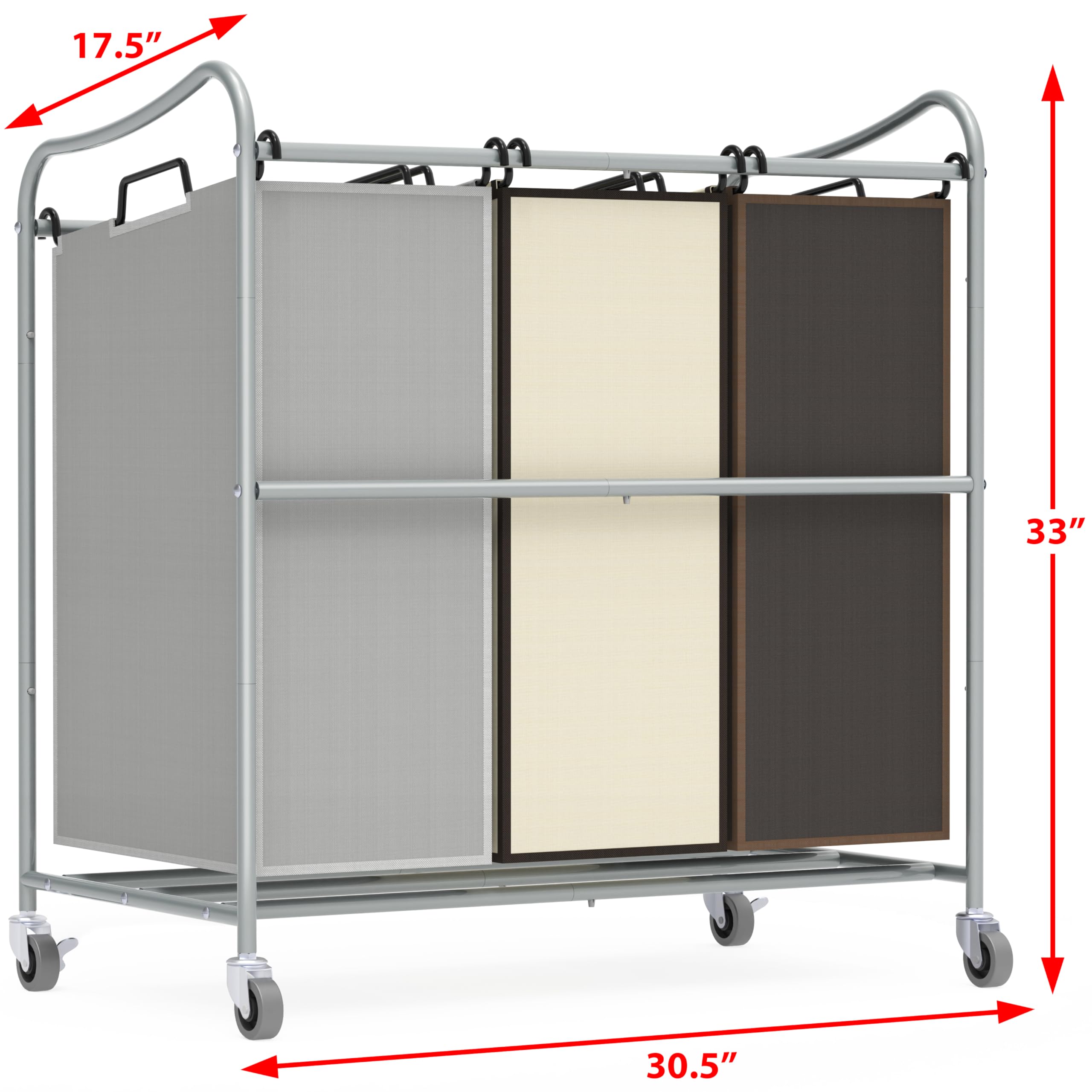 Simple Houseware Heavy Duty 3-Bag Laundry Sorter Rolling Cart, Silver/Assorted