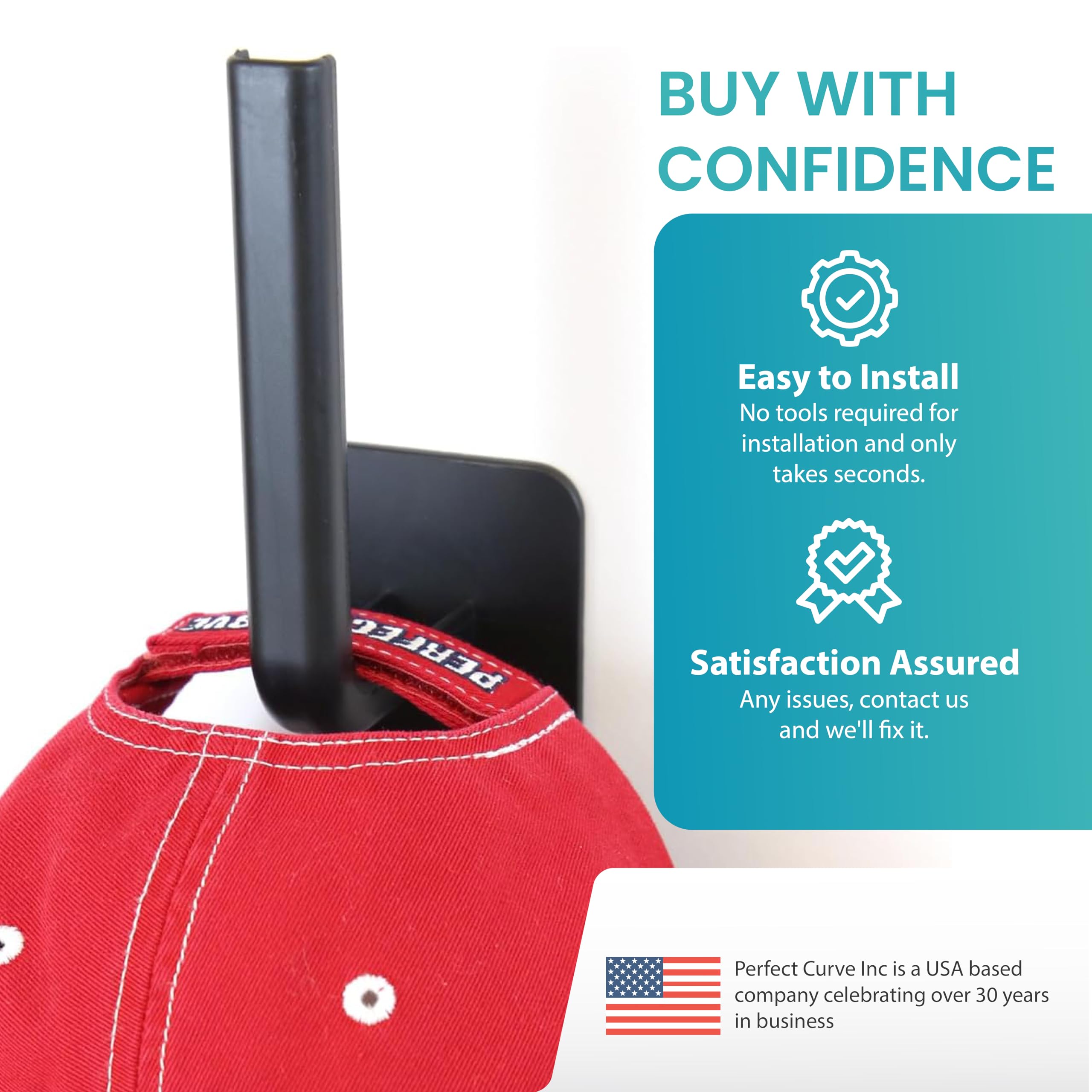Perfect Curve Adhesive Hooks | Versatile, No Drilling, Hat Organizer, Durable Hooks For Baseball Caps And Accessories | Black, 8