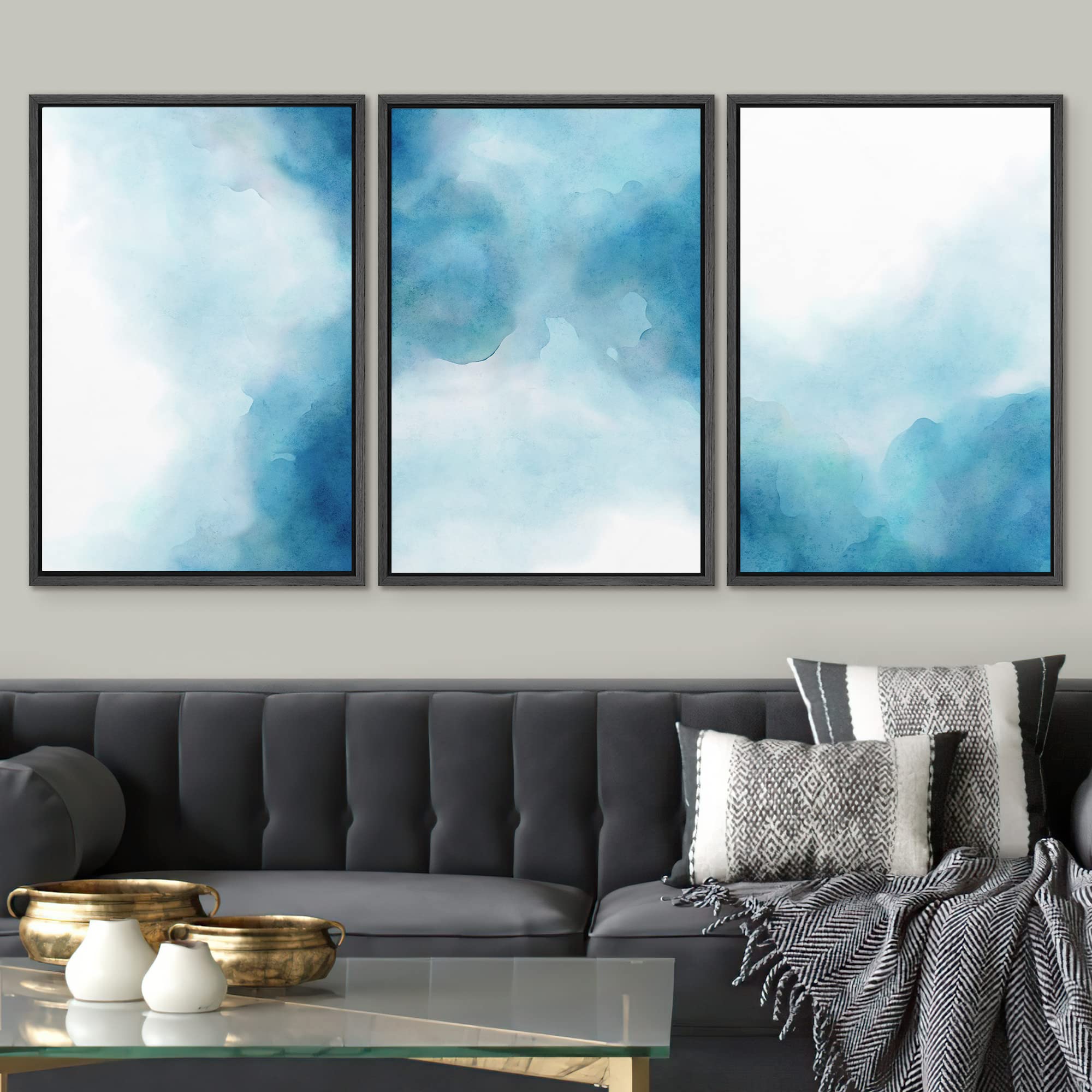 Signwin Framed Canvas Print Wall Art Set Vibrant Blue Pastel Paint Stroke Landscape Collage Abstract Shapes Illustrations Modern