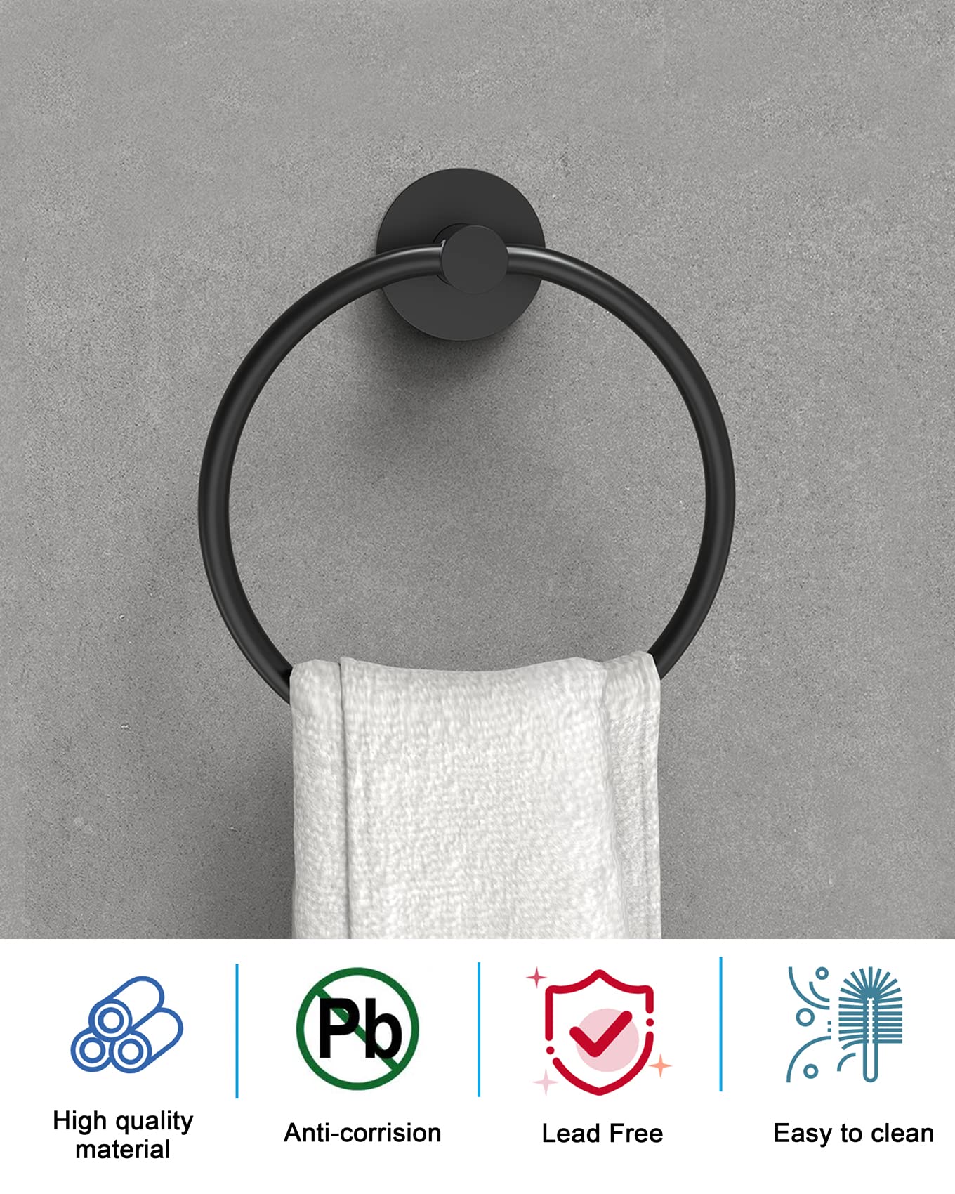 Fixsen Towel Ring Hand Towel Ring Towel Ring Holder Matte Black Zinc Alloy And Stainless Steel 1Pc Simple Round For Kitchen And