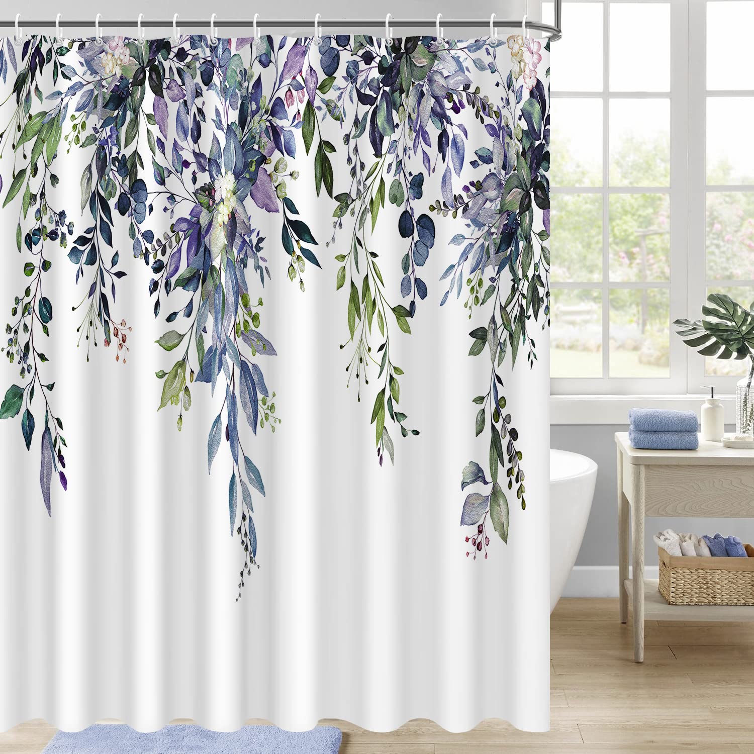 Nuseiis Extra Long Blue Purple Shower Curtain 72 x 84 Inch  Fabric Long Eucalyptus Leaves Shower Curtain  Watercolor Floral Plant Bathroom Decor with Hooks