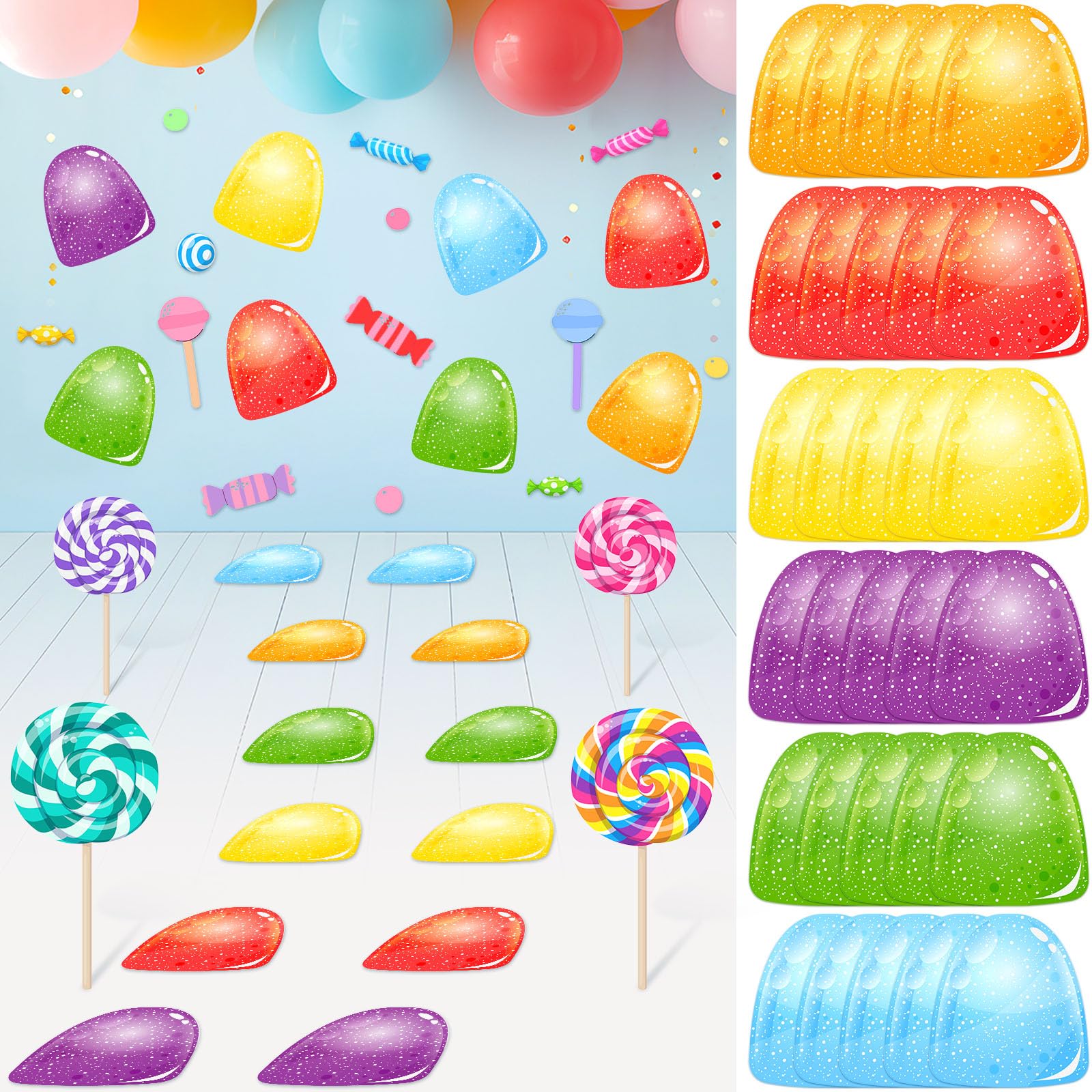 Spakon 30 Pcs Candy Themed Floor Stickers Colorful PVC Wall Decals Gumdrop Jelly Birthday Party Decorations for Halloween Trunk 
