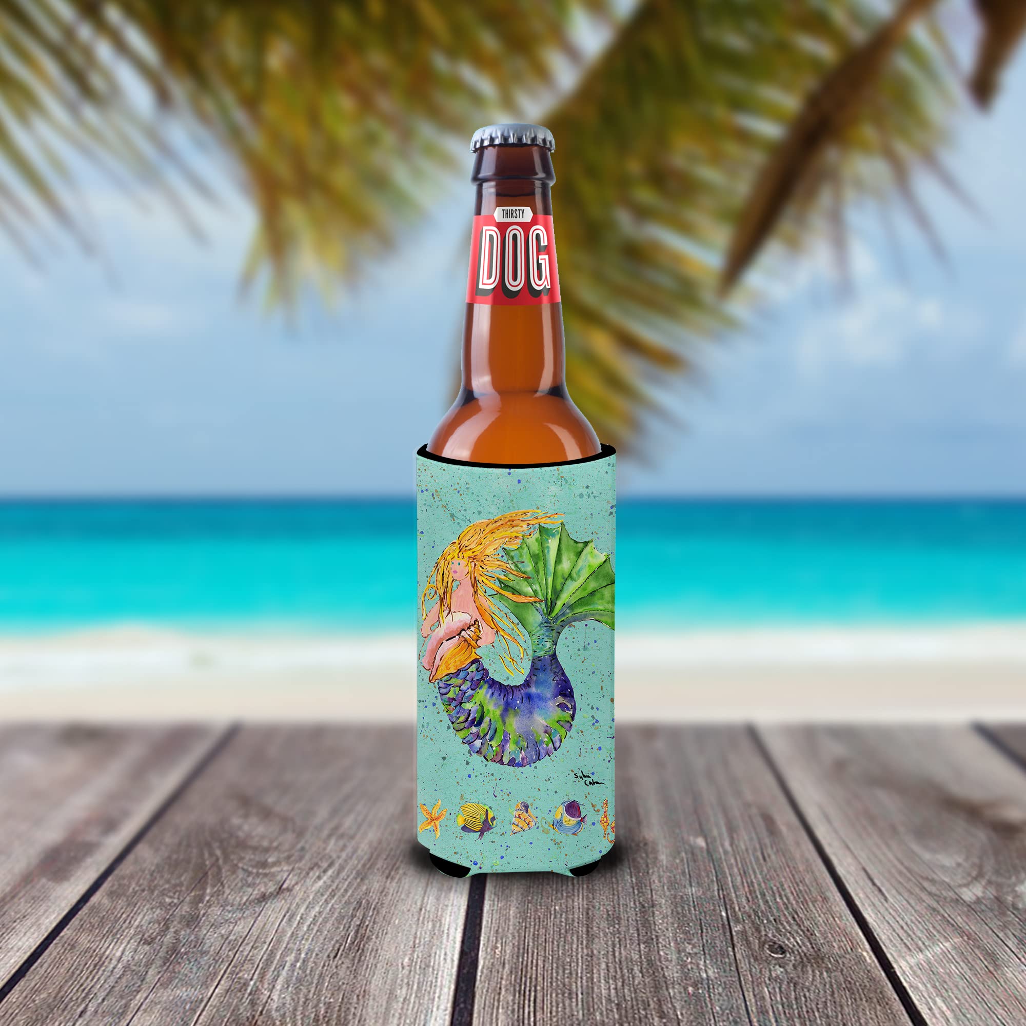Blonde Mermaid on Teal Ultra Beverage Insulators for slim cans 8336MUK