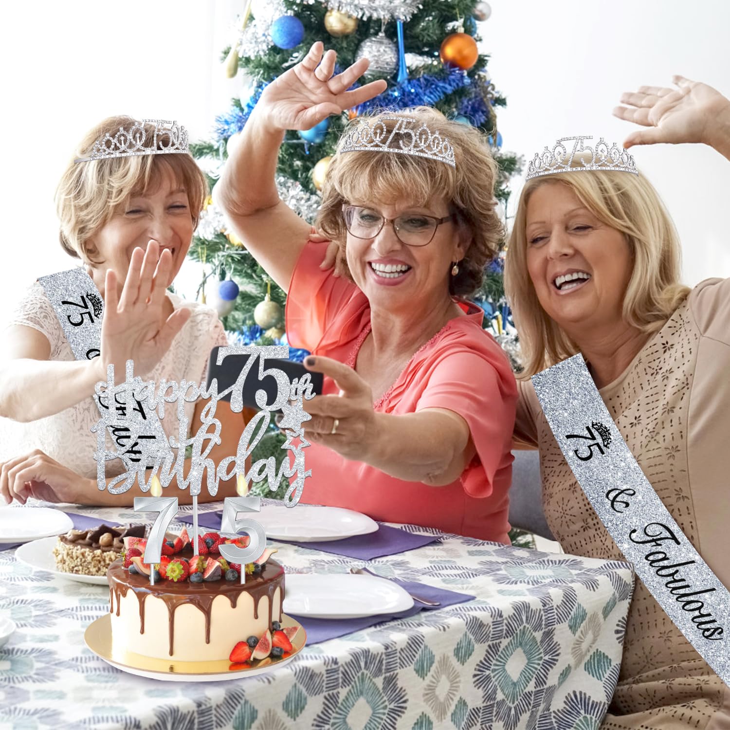 75th Birthday Decorations for Women Silver with 75th Birthday Sash and Tiara, Cake Topper and Candles, Silver Number Balloons, 7