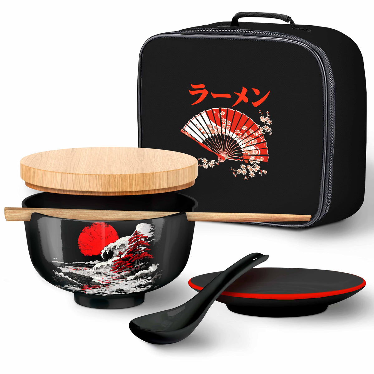 I2 Home Japanese Ramen Bowl Set Of 1-5 Pcs, 32 Oz Ceramic Microwaveable & Dishwasher Safe Large Noodle Bowl With Lid & Built-In