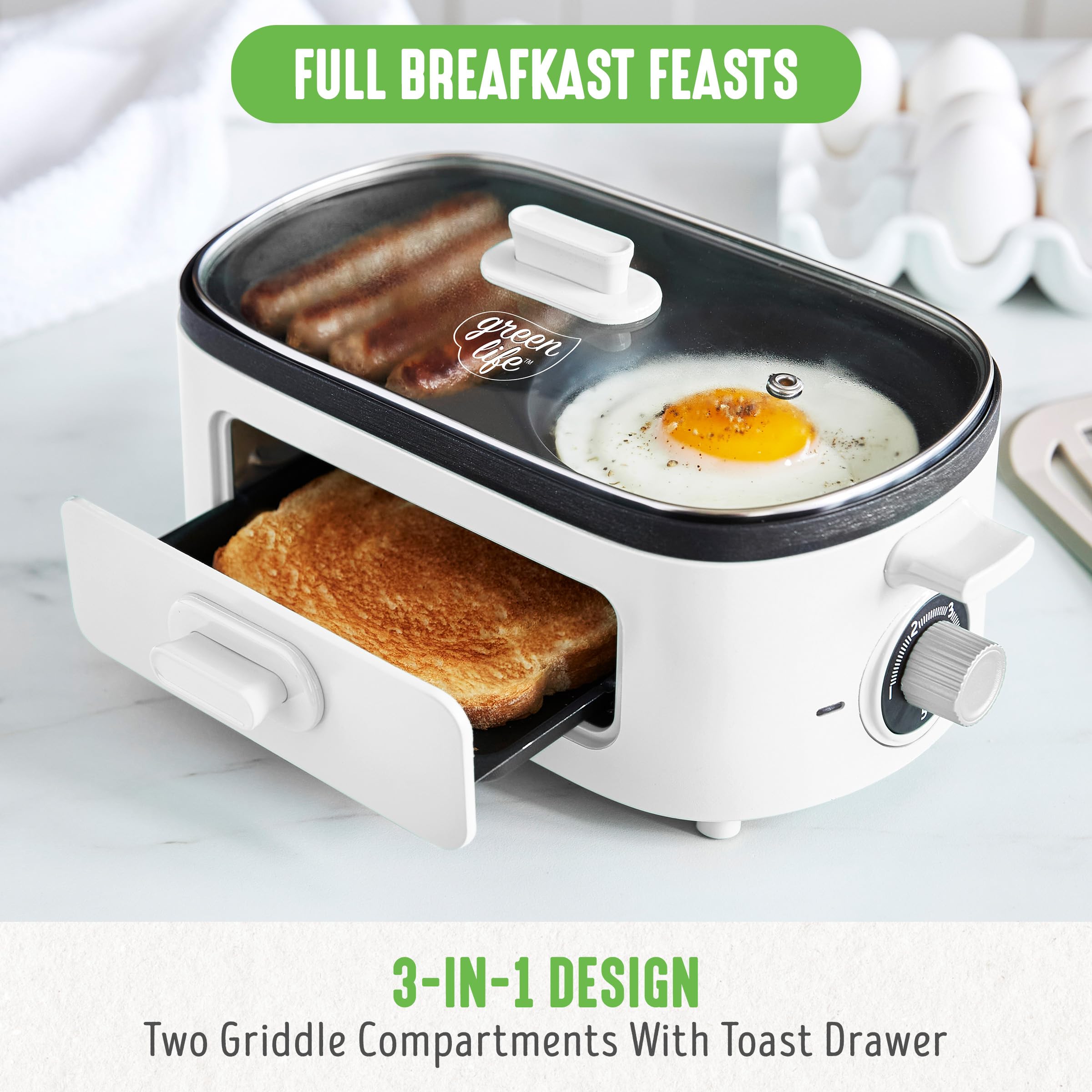 Greenlife 3-In-1 Breakfast Maker Station, Healthy Ceramic Nonstick Dual Griddles For Eggs Meat Sausage Bacon Pancakes And Breakf