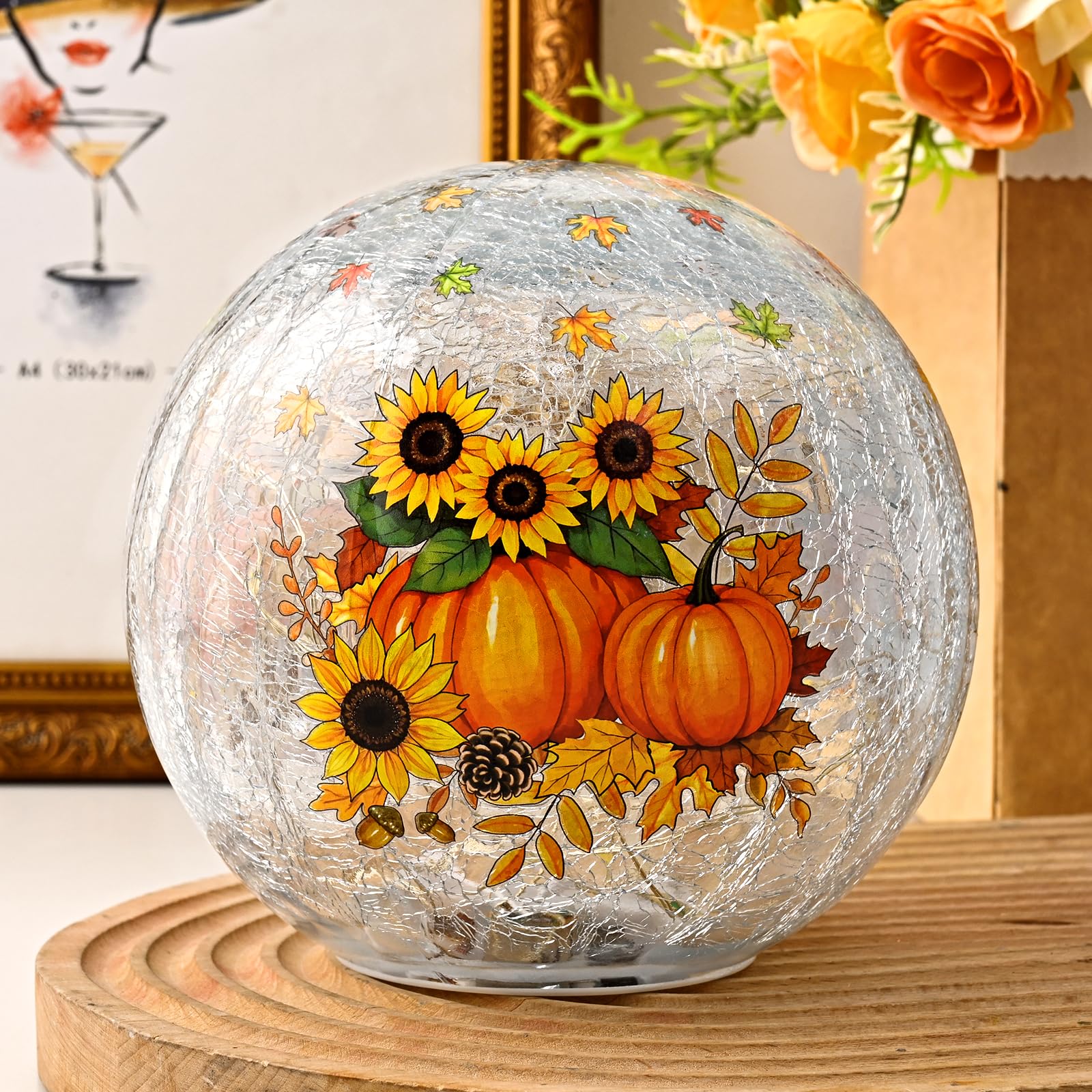 FRAMICS 5.9 Fall Decorations for Home Sunflower Pumpkin Crackle Glass Balls Led Globe Light with Timer Thanksgiving Decorations