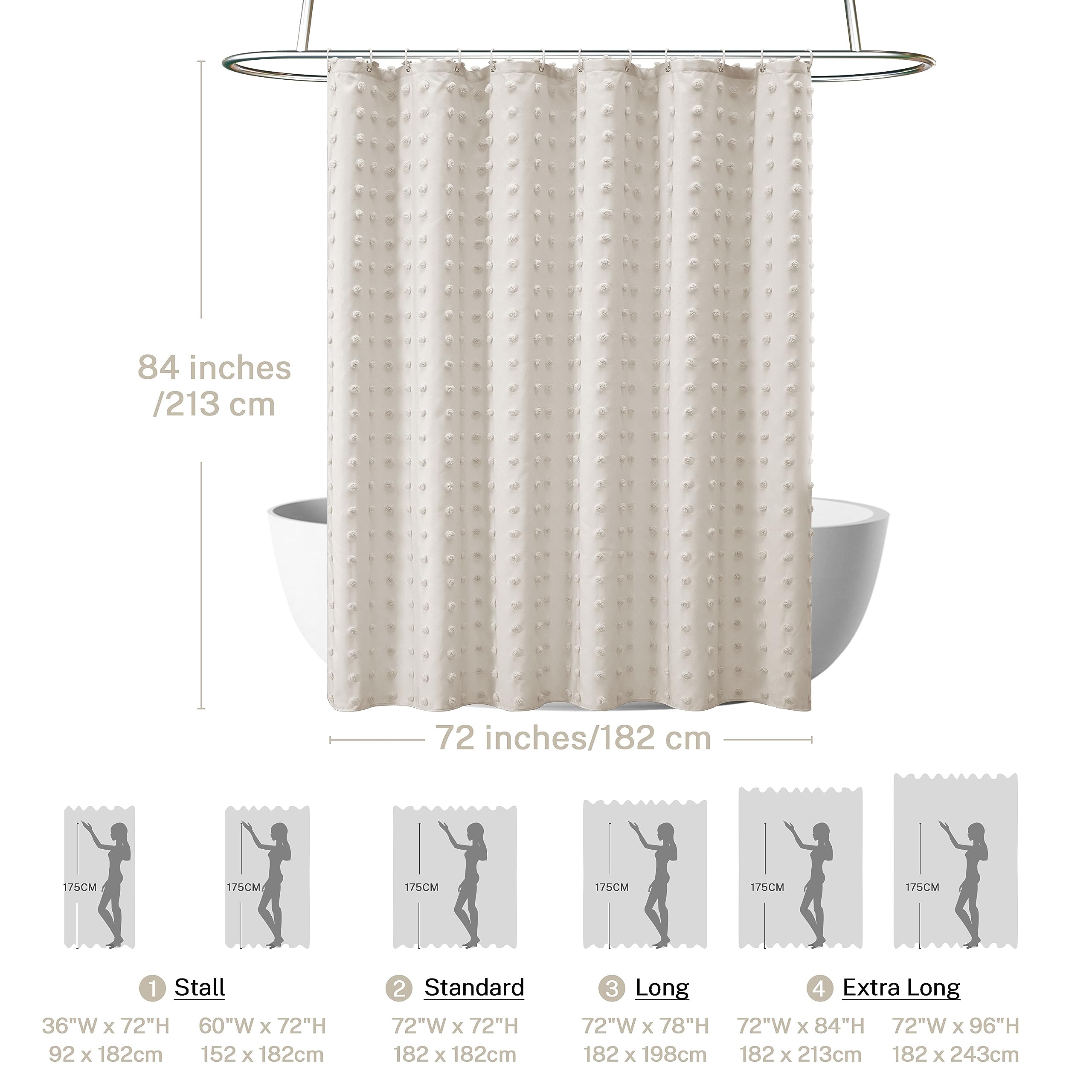 Extra Long Boho Farmhouse Shower Curtain Woven Fabric Beige 84 Inch Shower Curtain, 72 X 84 Tufted Pleat Floral Puffs Textured M