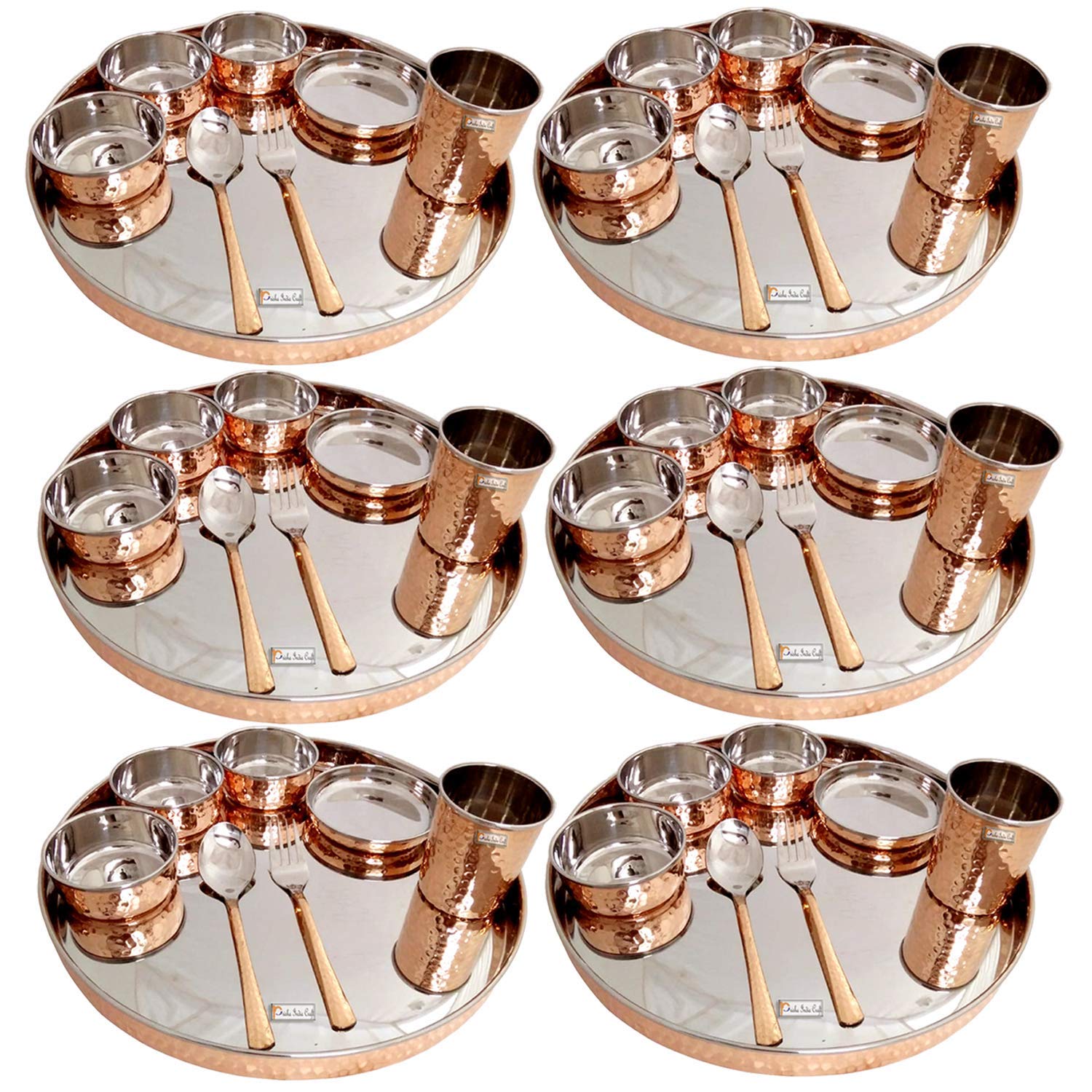 Prisha India Craft Stainless Steel Copper Dinner Thali Set, 48 Pieces, Service For 6 Brown