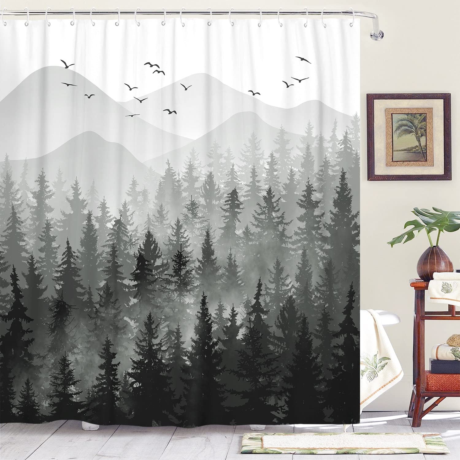 Accnicc Forest Mountain Shower Curtain Black And White Nature Misty Pine Tree Shower Curtains For Bathroom Dark Grey Foggy Rusti