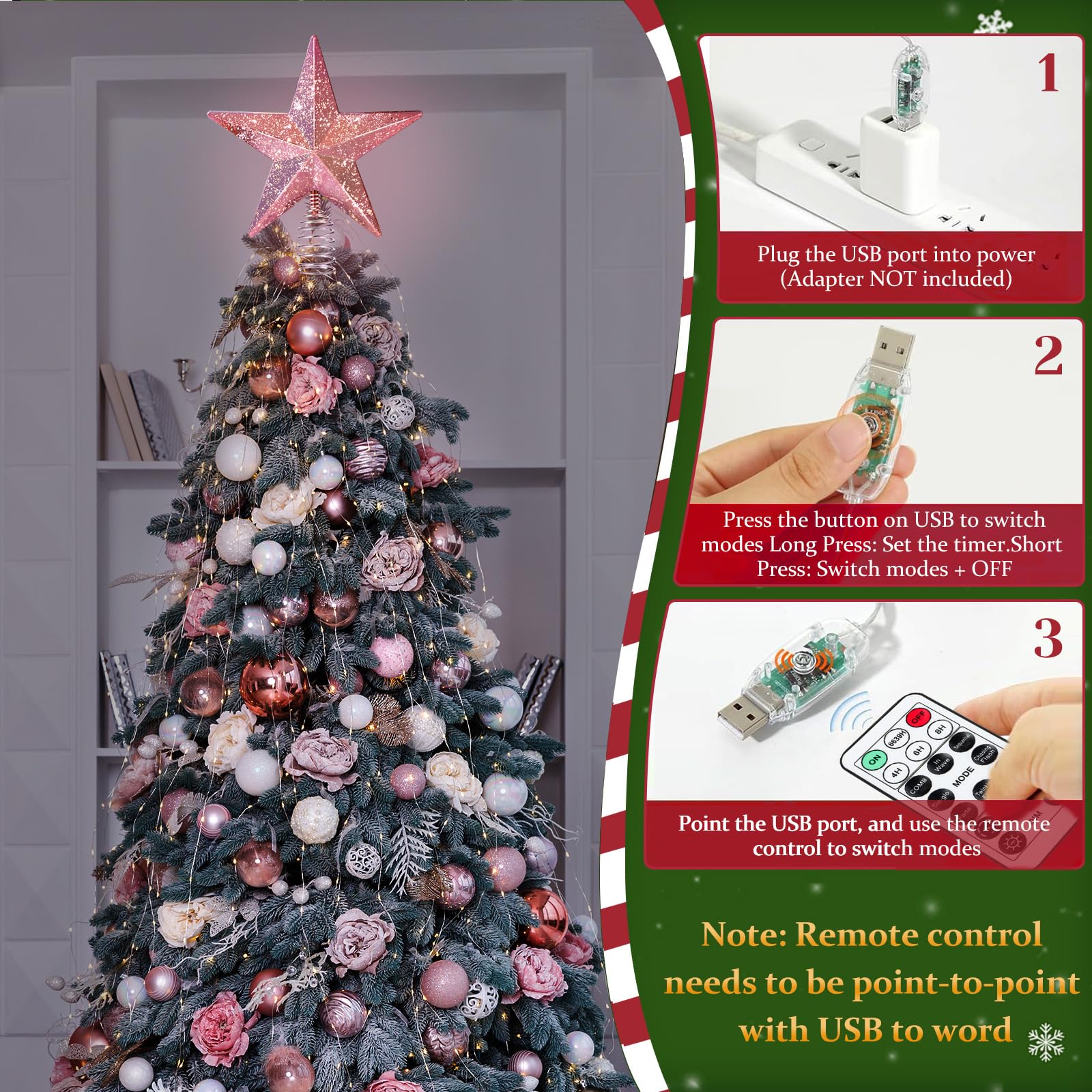 Christmas Tree Star Topper with Lights, 8.5-Inch Light-Up Christmas Tree Topper with Remote Control, 4 Brightness Levels & 8 Lig