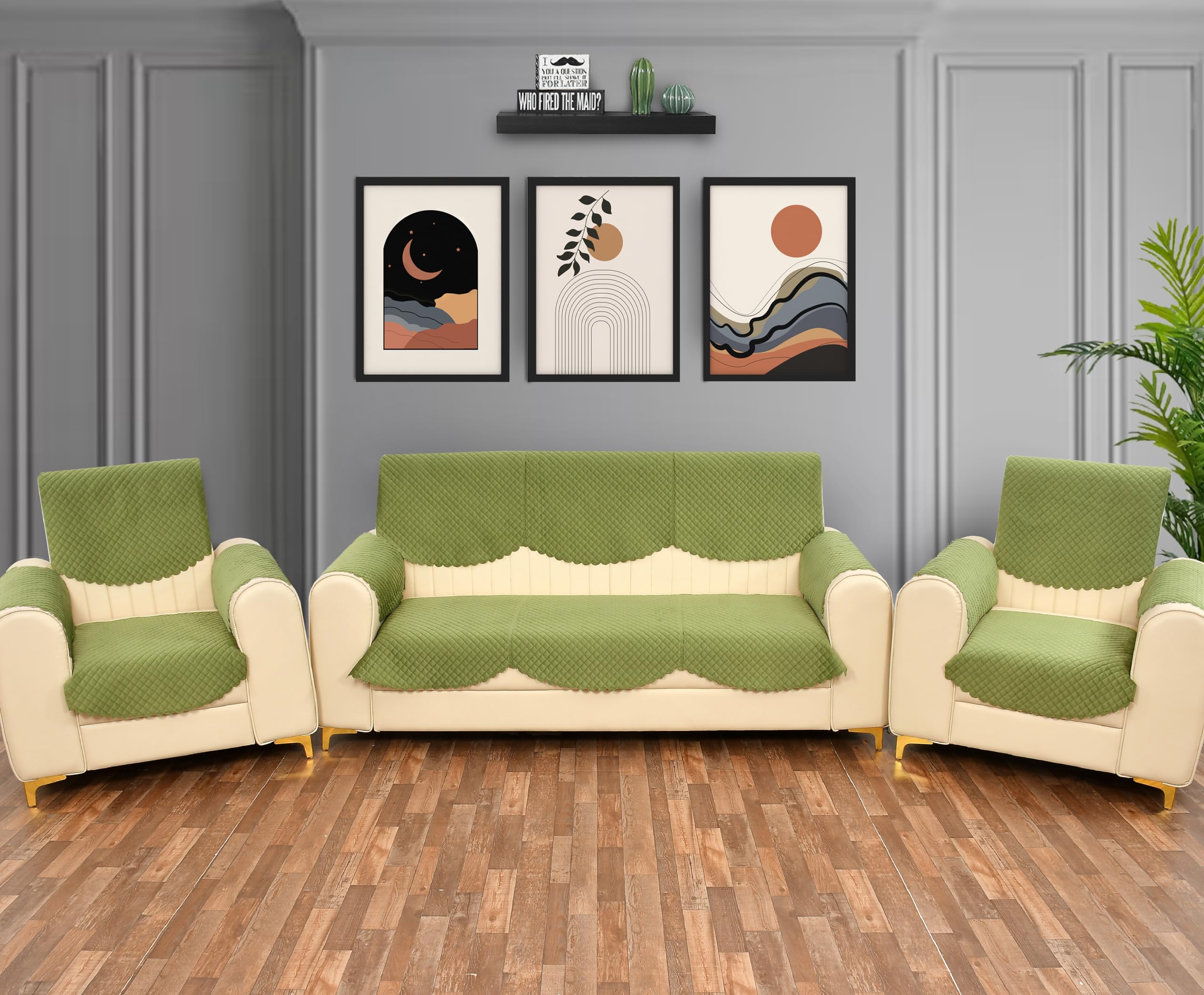 Yellow Weaves Velvet 5 Seater Self Design Quilted Sofa Cover And Chair Cover With Arm Cover, Seat & Back Cover, Color - Pea Gree