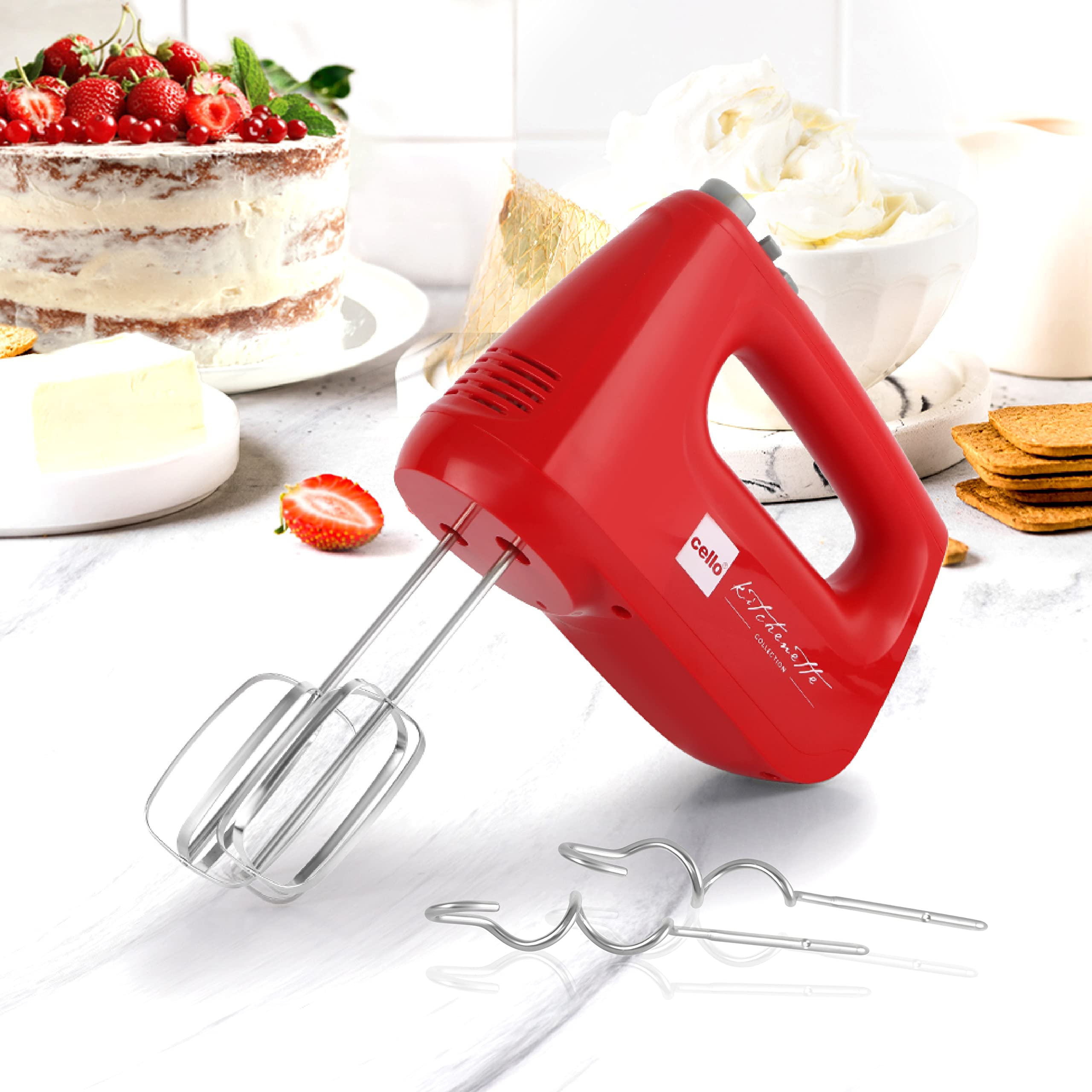 Cello Supreme Hand Beater Mixer 400 Watts Red | Turbo Function, 6 Speed Settings, Food Grade Stainless Steel Interchangeable Bea