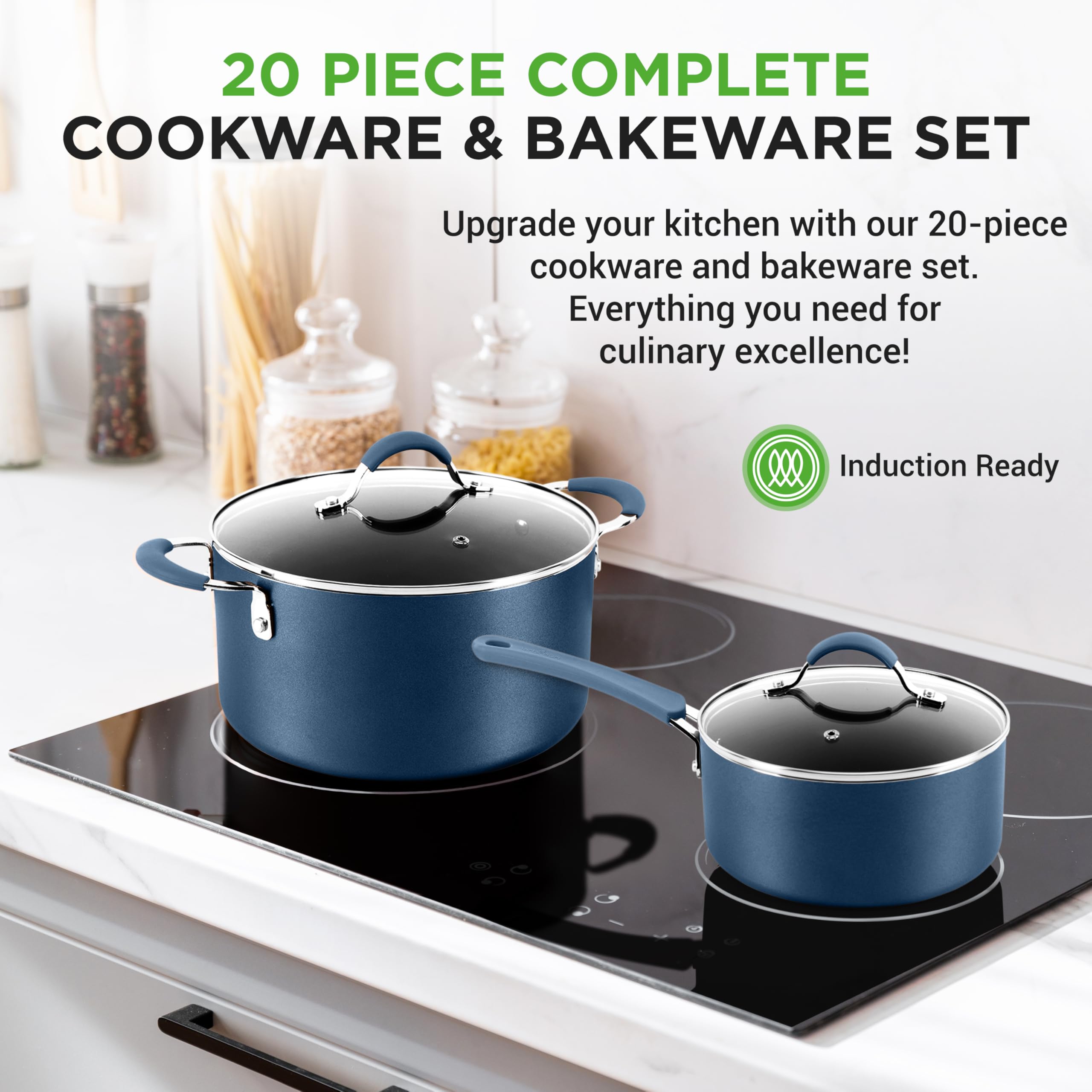 NutriChef Professional 20 Pc Kitchen Set in Navy Blue Durable Non-Stick Pots and Pans with Bakeware, Compatible with Any Cooktop