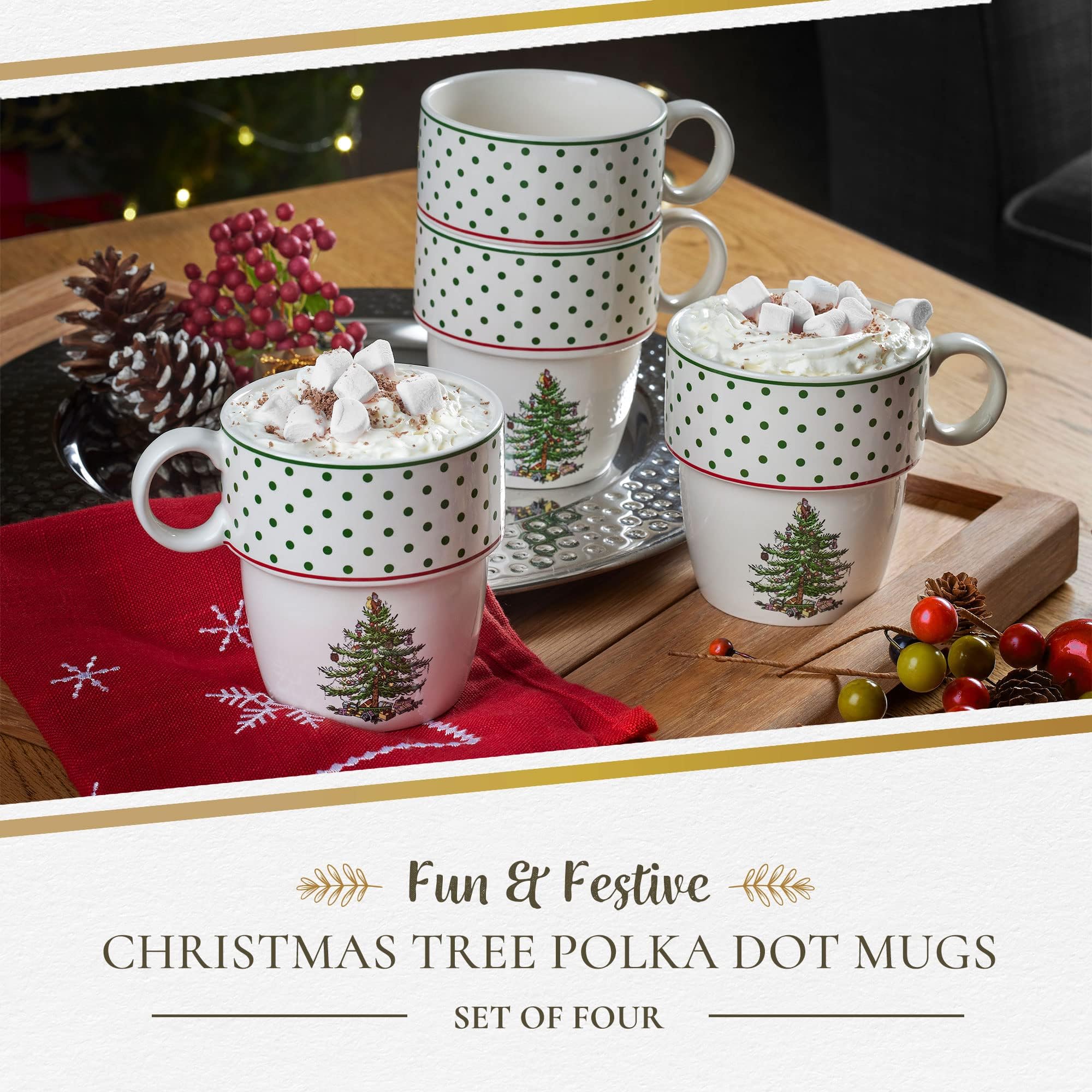 Spode Christmas Tree Polka Dot Stackable Mugs, Set Of 4 - Festive 10Oz Mugs For Hot Chocolate And Coffee, Space-Saving Design, D