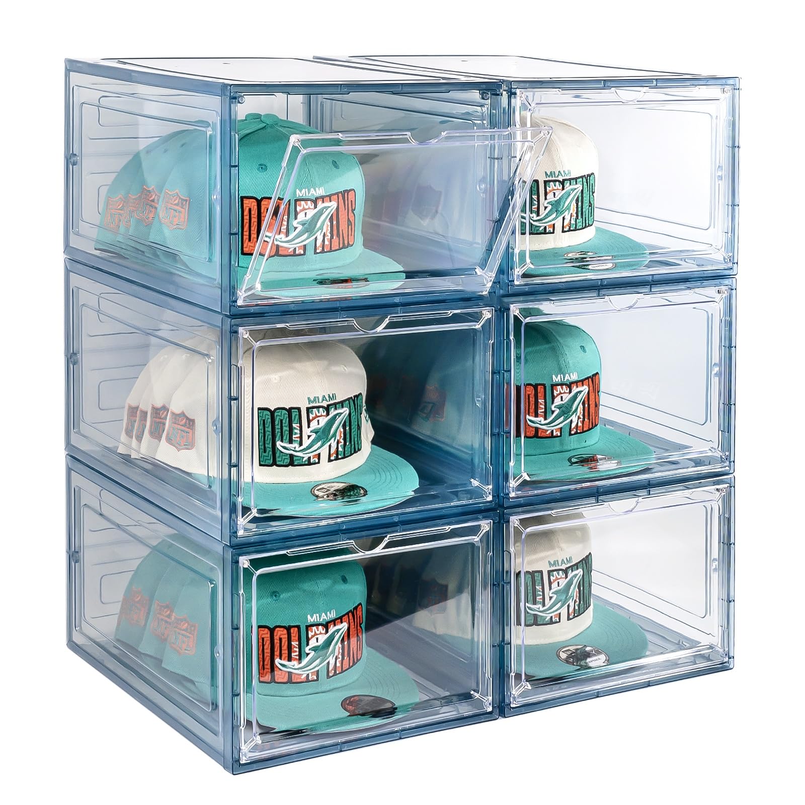 SCAVATA Hat Organizer Box - Stackable Clear Baseball Cap Storage, Holds 8 Hats, Magnetic Door, Blue